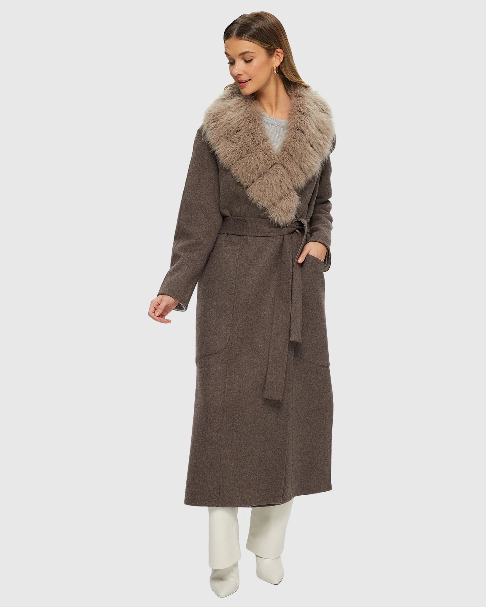 DOUBLE FACE LORO PIANA WOOL AND CASHMERE COAT WITH DETACHABLE CASHMERE GOAT COLLAR WITH BELT - Image 5
