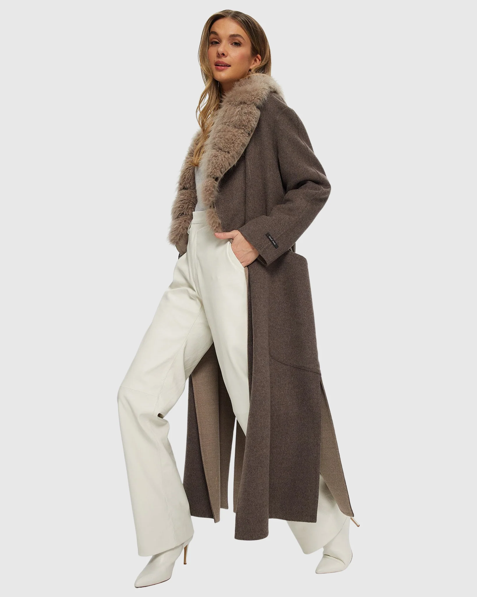 DOUBLE FACE LORO PIANA WOOL AND CASHMERE COAT WITH DETACHABLE CASHMERE GOAT COLLAR WITH BELT - Image 7