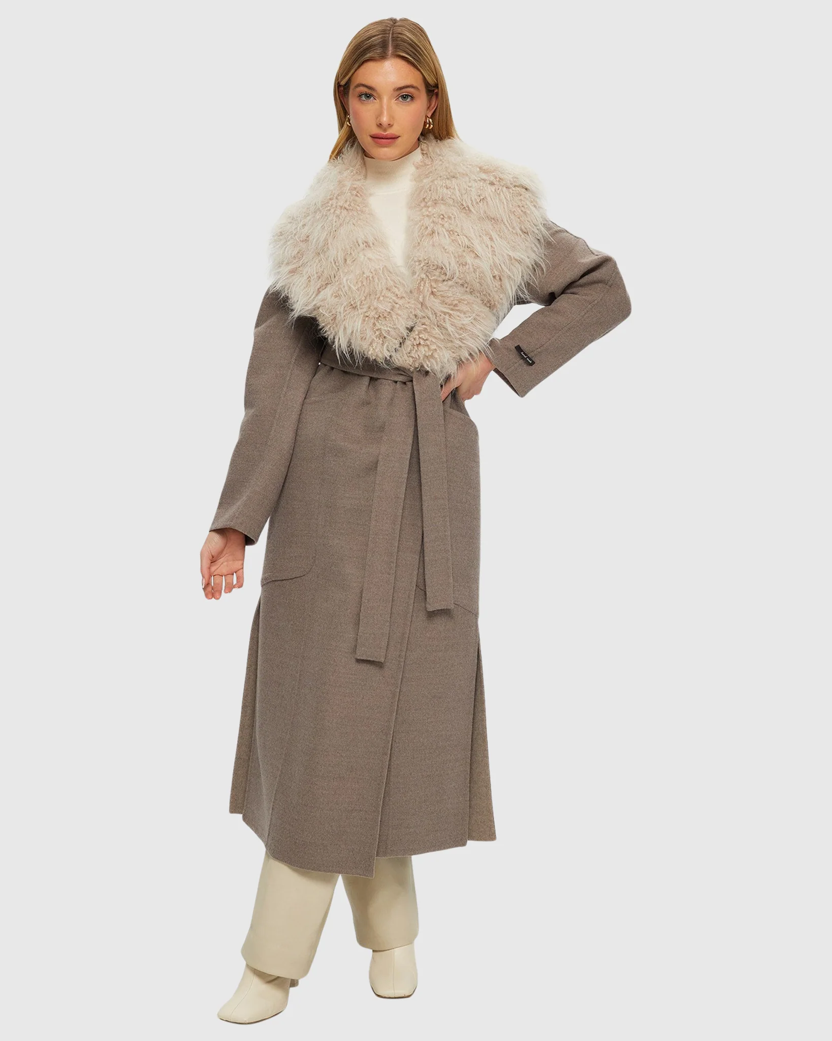 DOUBLE FACE LORO PIANA WOOL AND CASHMERE COAT WITH DETACHABLE CASHMERE GOAT COLLAR WITH BELT - Image 8