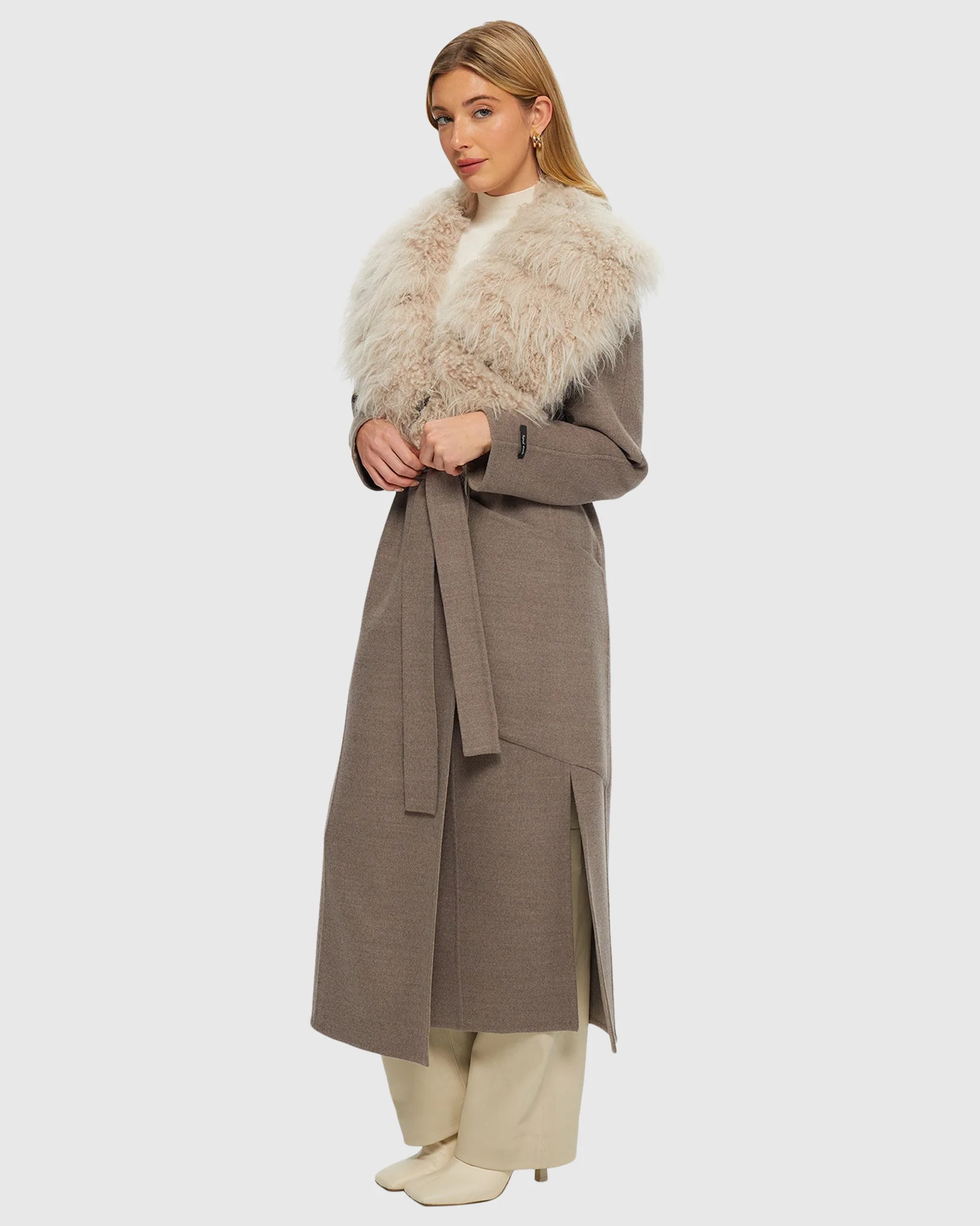 DOUBLE FACE LORO PIANA WOOL AND CASHMERE COAT WITH DETACHABLE CASHMERE GOAT COLLAR WITH BELT - Image 9