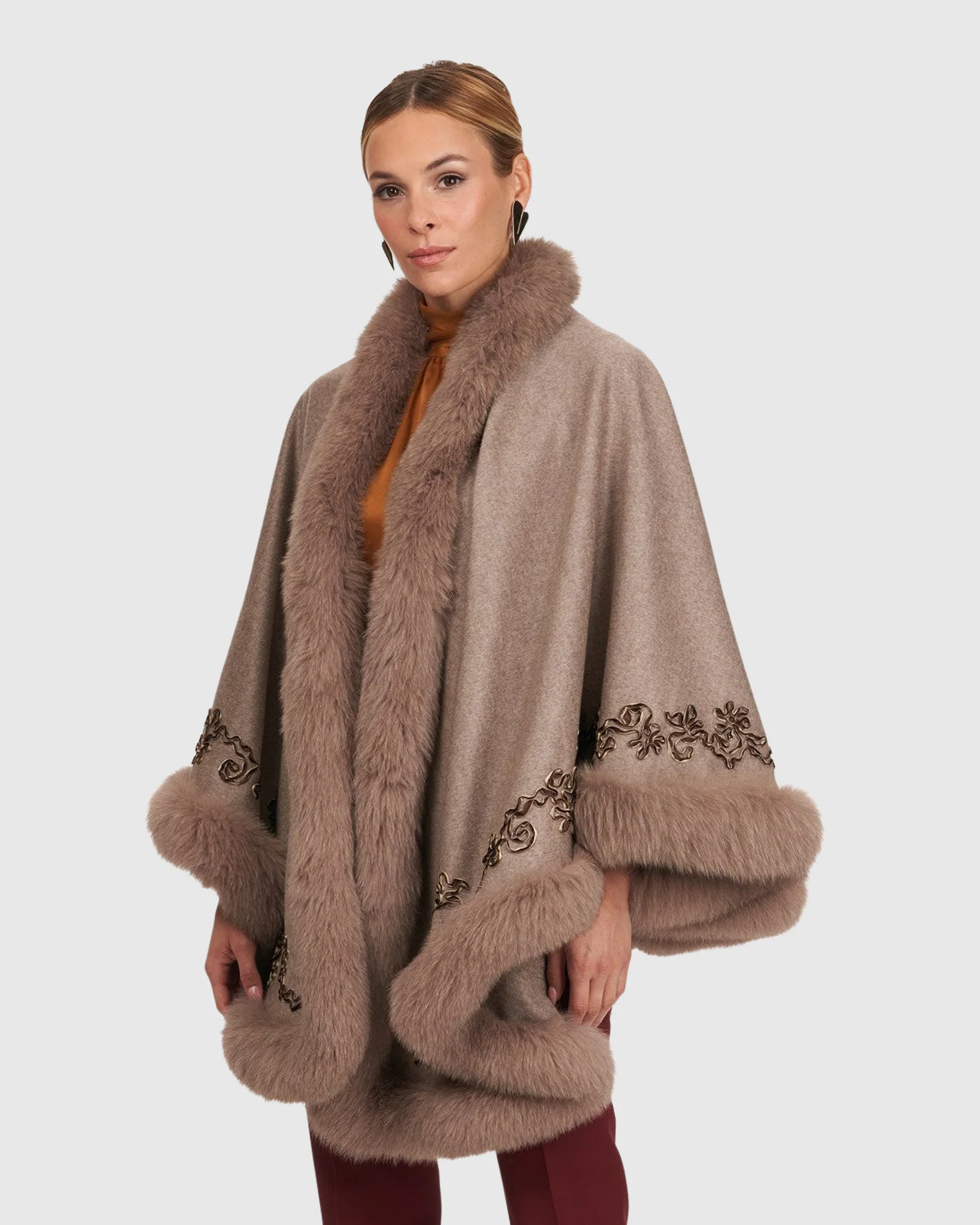 WOOL AND CASHMERE CAPE WITH FOX TRIM AND RIBBON EMBROIDERY
