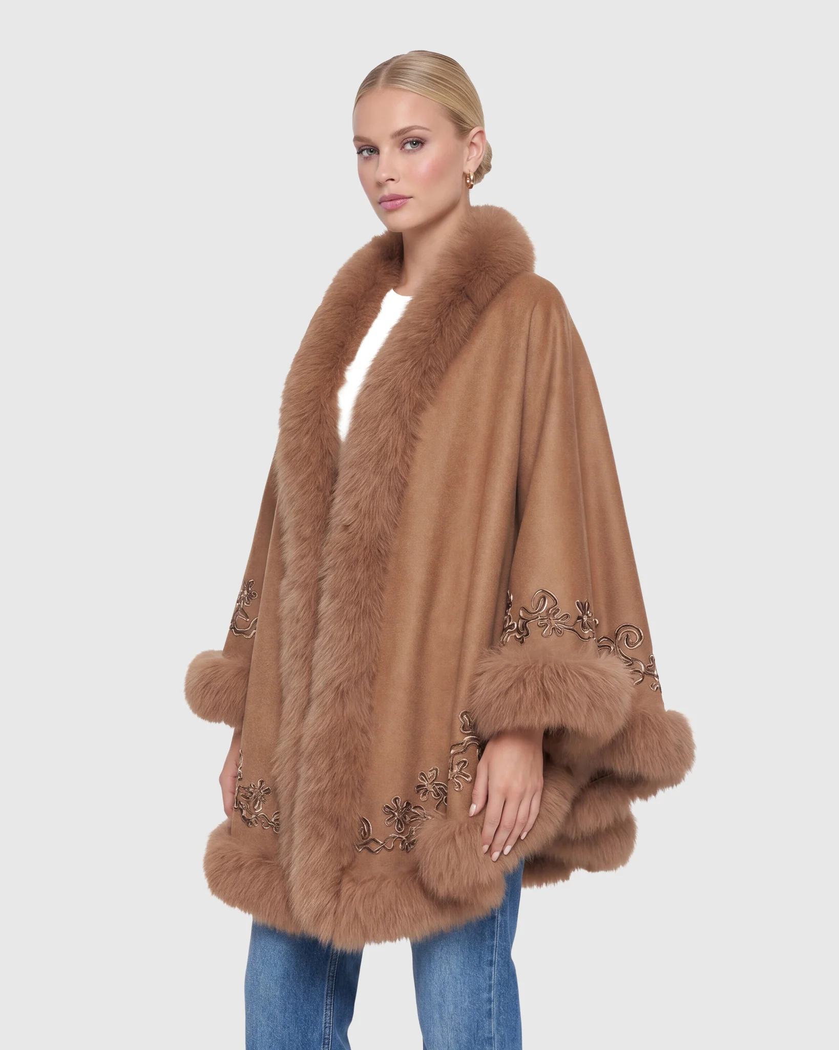 WOOL AND CASHMERE CAPE WITH FOX TRIM AND RIBBON EMBROIDERY - Image 15