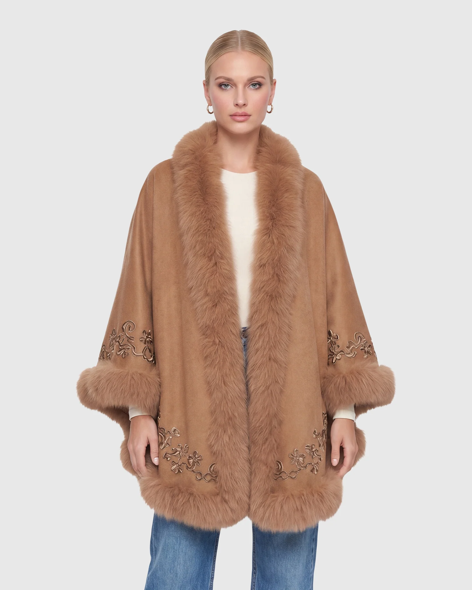WOOL AND CASHMERE CAPE WITH FOX TRIM AND RIBBON EMBROIDERY - Image 16