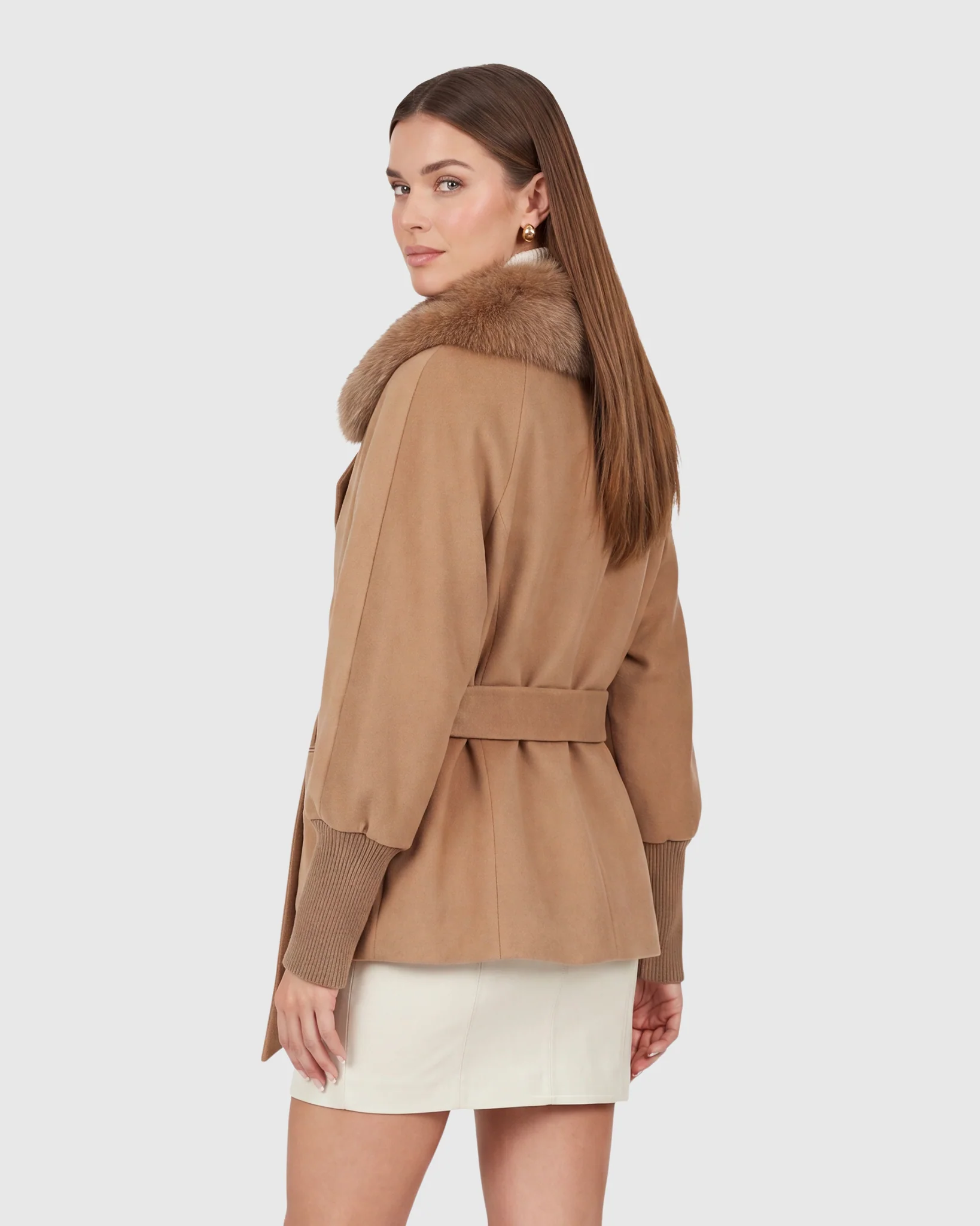 FABRIC JACKET WITH DETACHABLE FOX COLLAR, BELT - Image 10