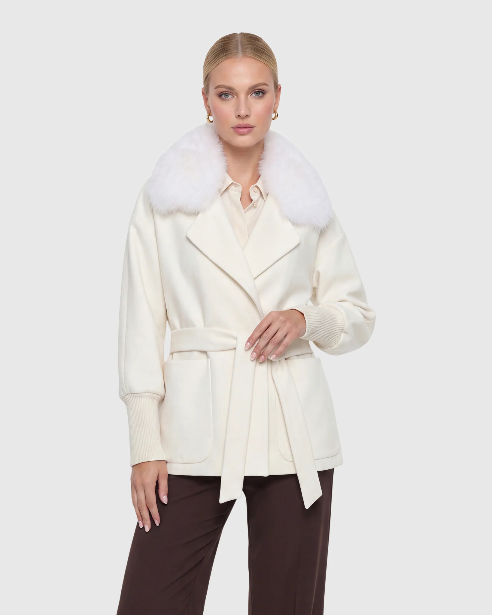 FABRIC JACKET WITH DETACHABLE FOX COLLAR, BELT - Image 15
