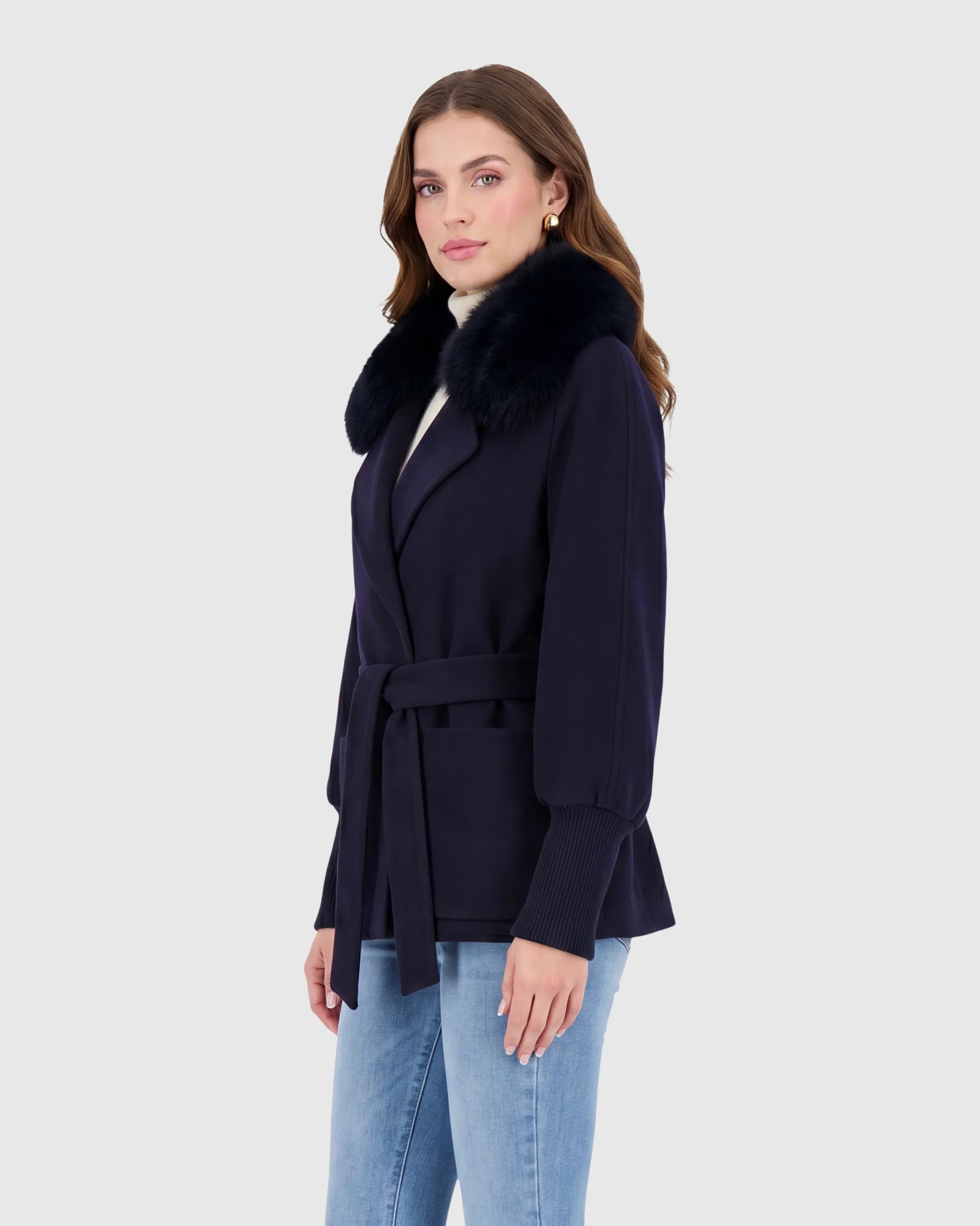 FABRIC JACKET WITH DETACHABLE FOX COLLAR, BELT - Image 17