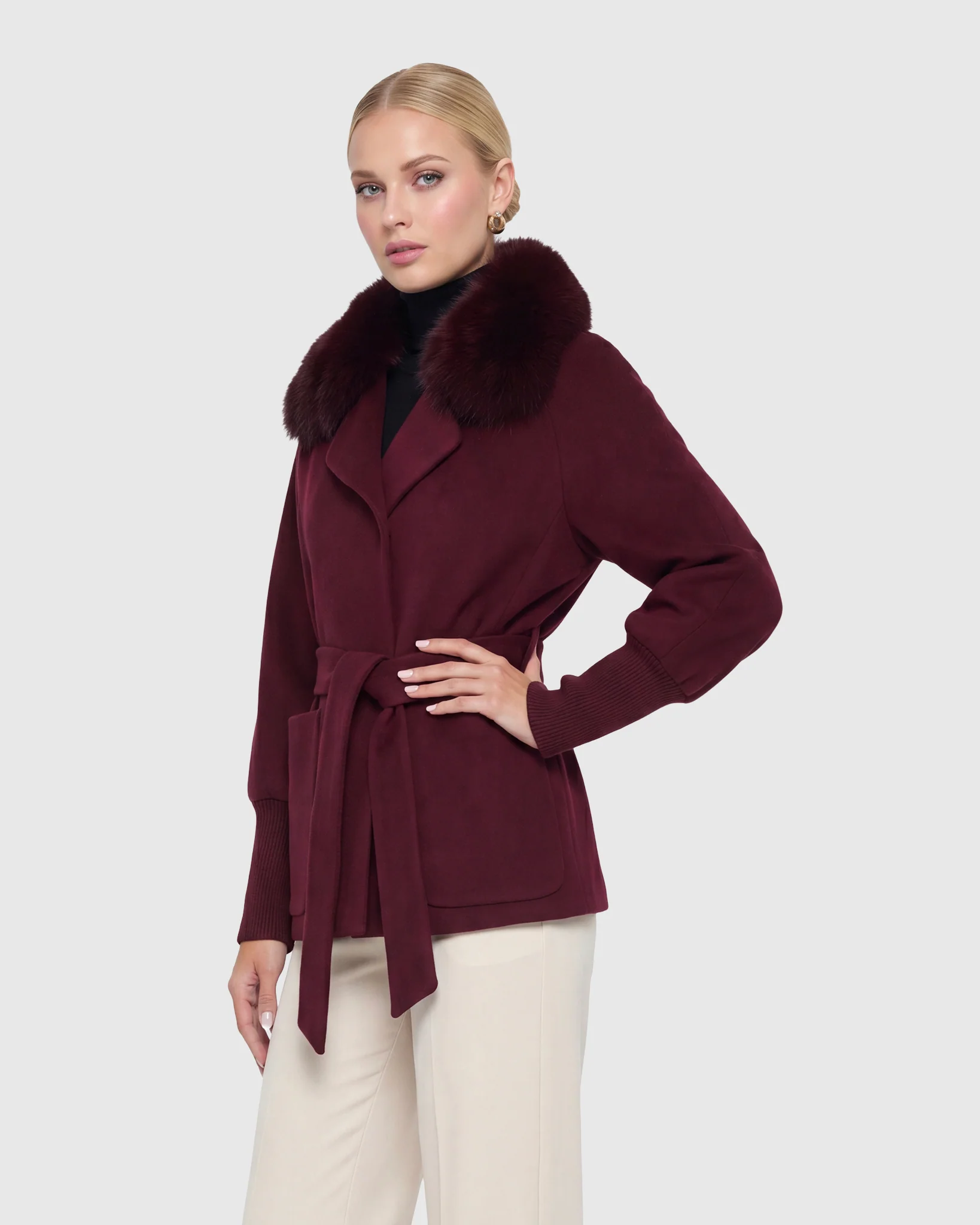 FABRIC JACKET WITH DETACHABLE FOX COLLAR, BELT - Image 24
