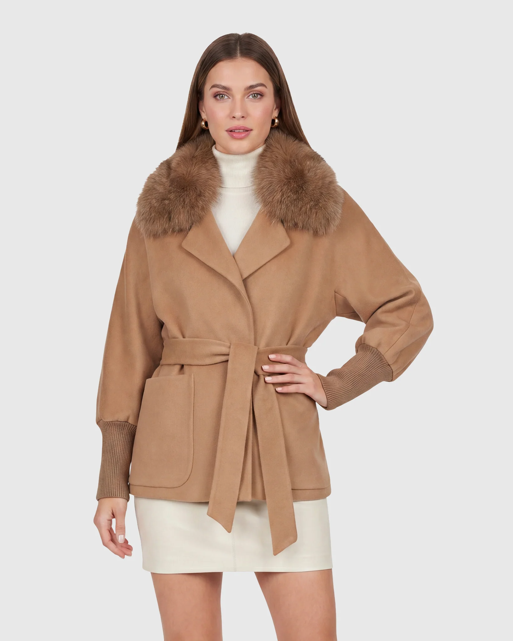 FABRIC JACKET WITH DETACHABLE FOX COLLAR, BELT - Image 3