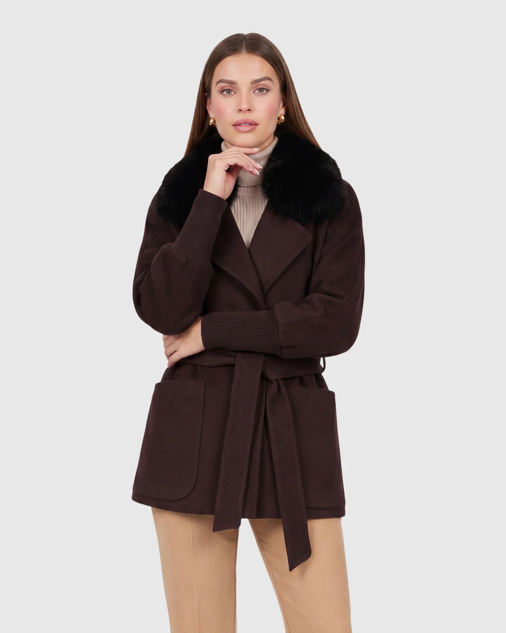FABRIC JACKET WITH DETACHABLE FOX COLLAR, BELT - Image 4