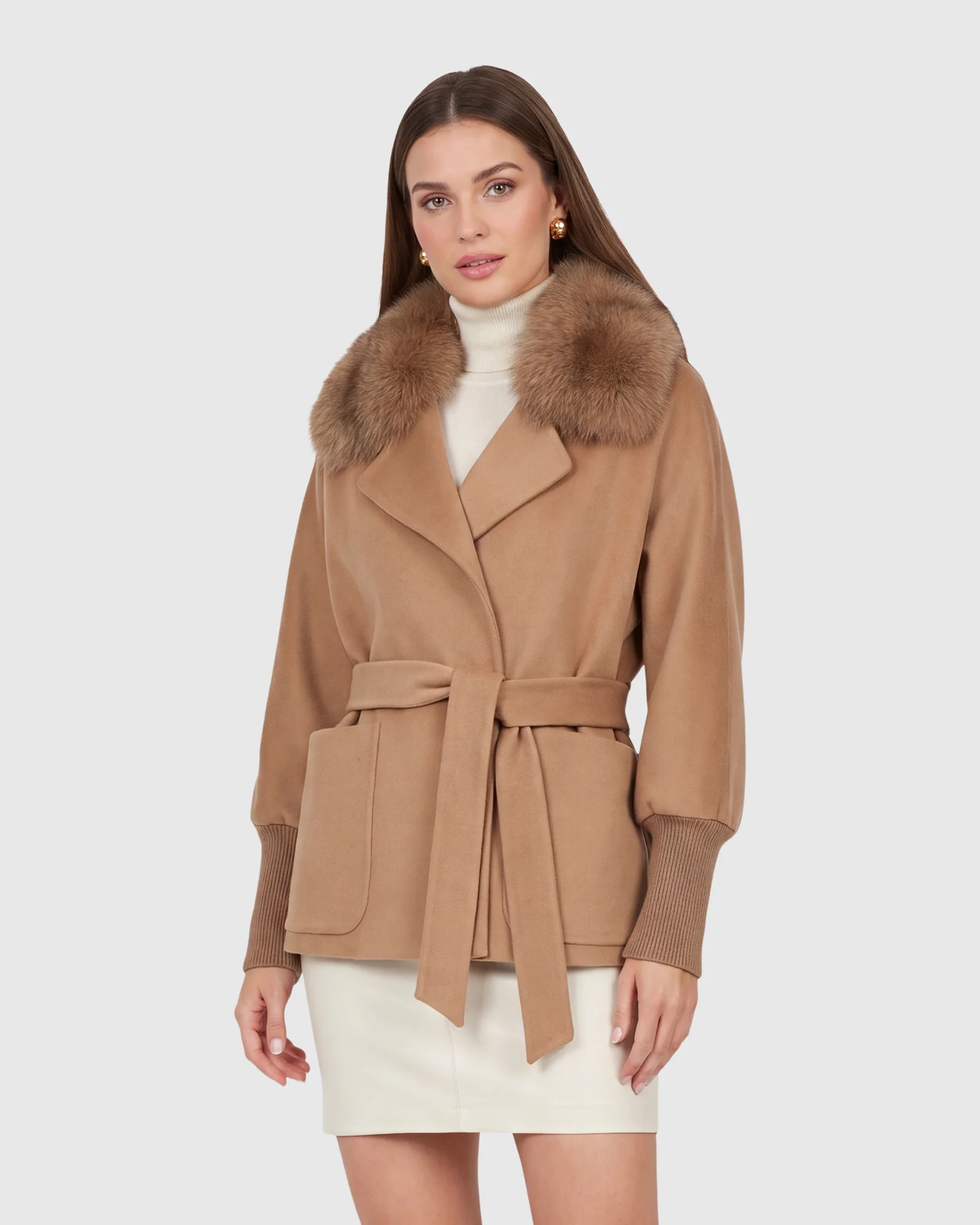 FABRIC JACKET WITH DETACHABLE FOX COLLAR, BELT - Image 8