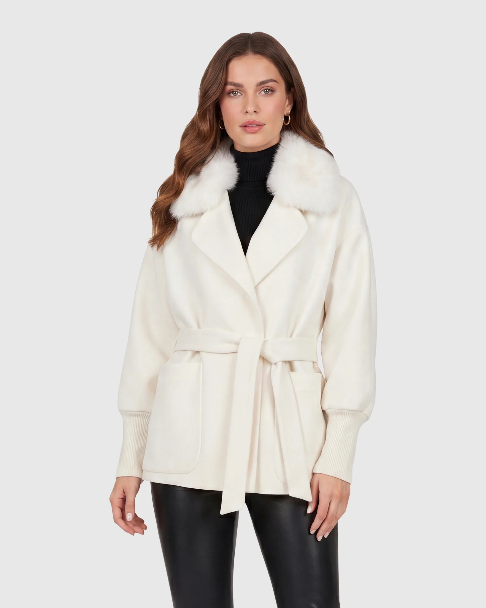 FABRIC JACKET WITH DETACHABLE SHEARLING LAMB COLLAR, BELT - Image 10