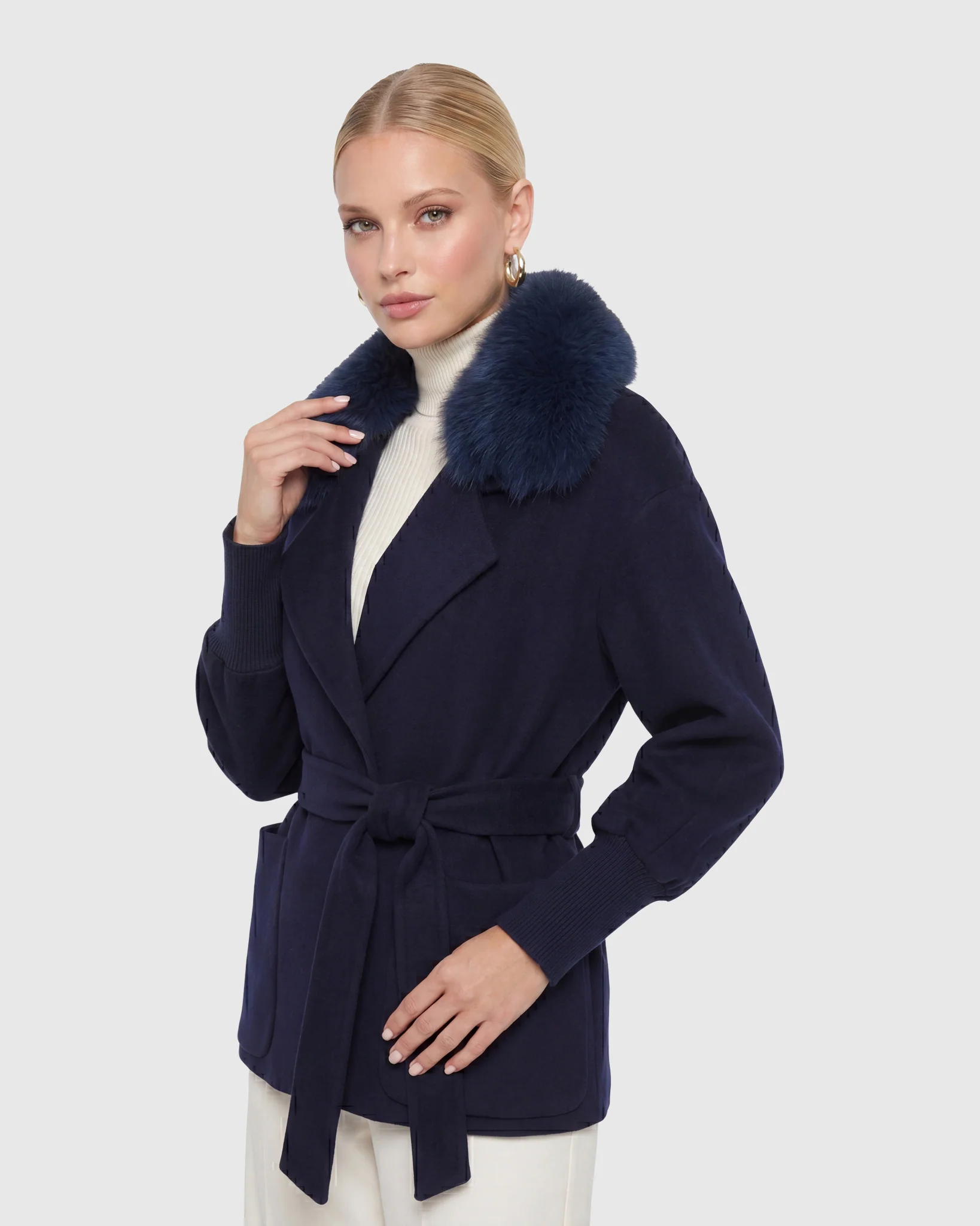FABRIC JACKET WITH DETACHABLE SHEARLING LAMB COLLAR, BELT - Image 13