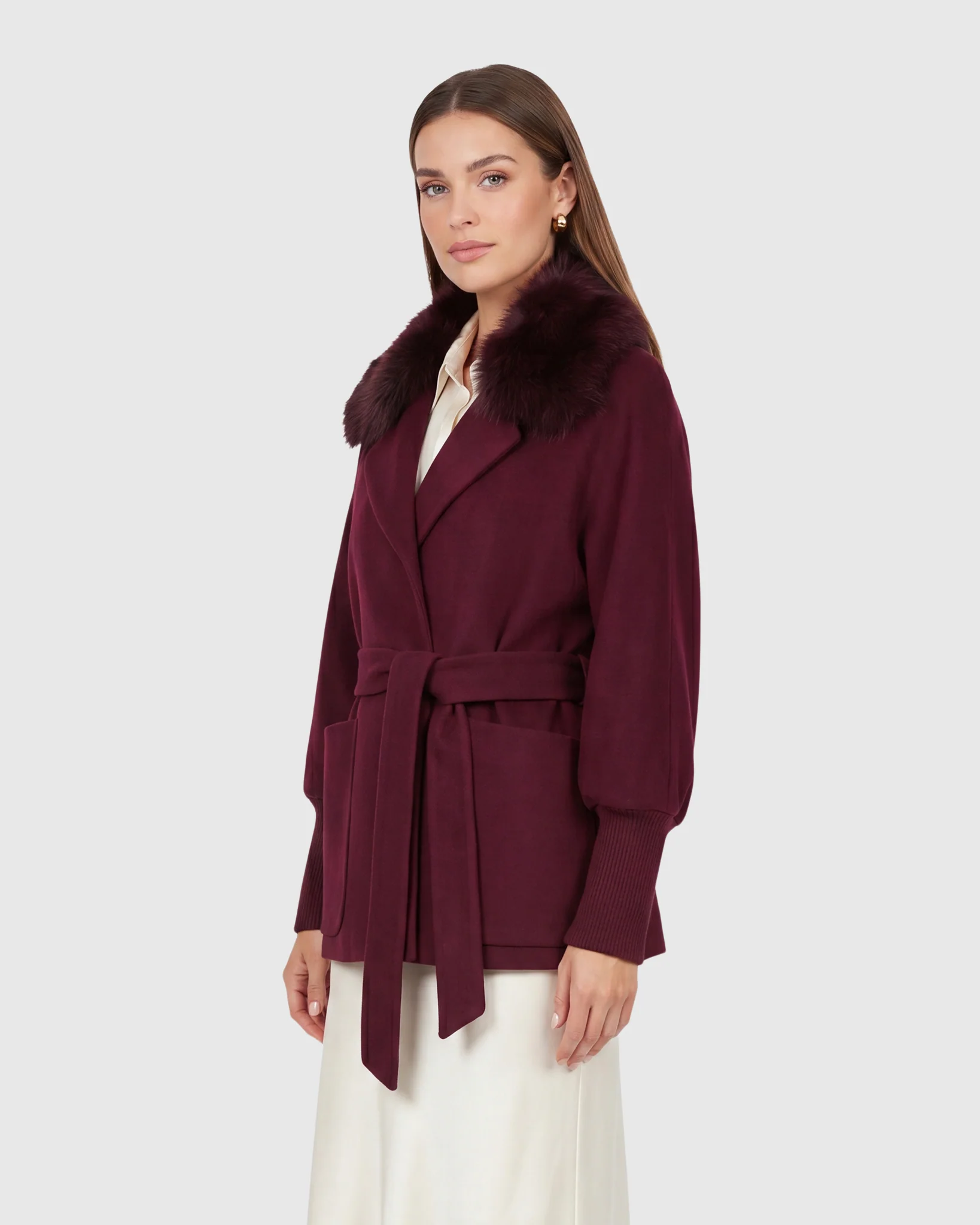 FABRIC JACKET WITH DETACHABLE SHEARLING LAMB COLLAR, BELT - Image 2