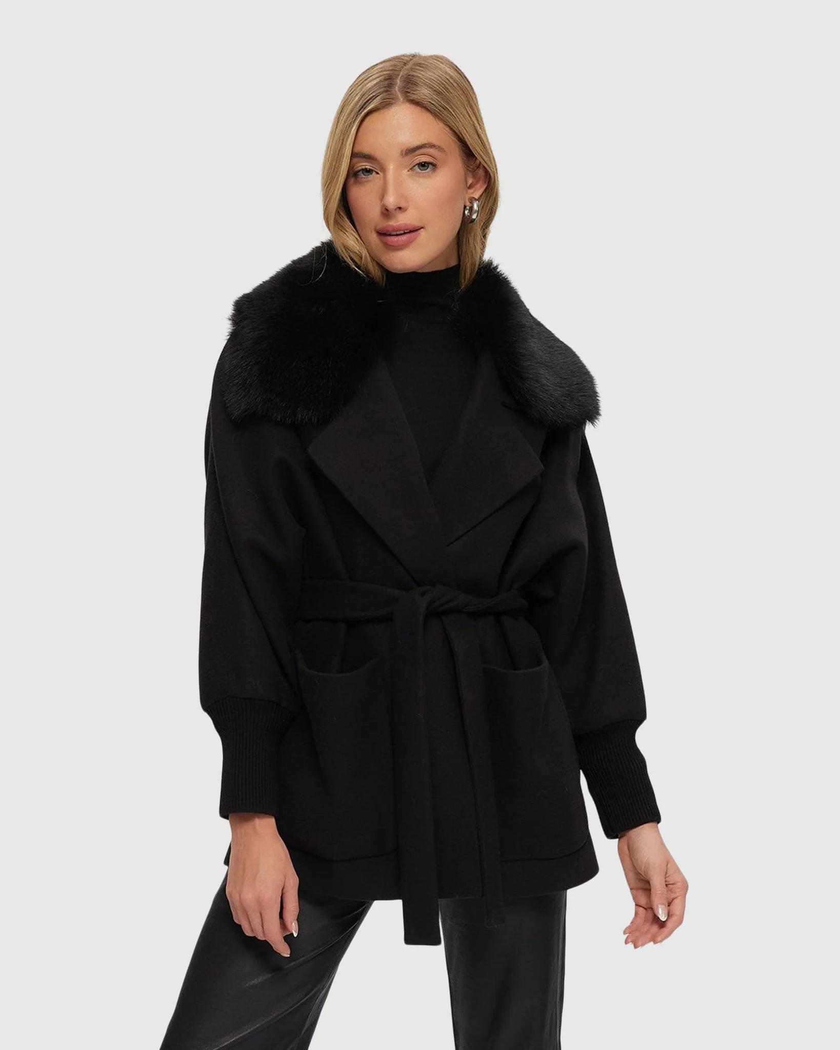 Fabric Jacket With Detachable Select Shearling Lamb Collar And Belt