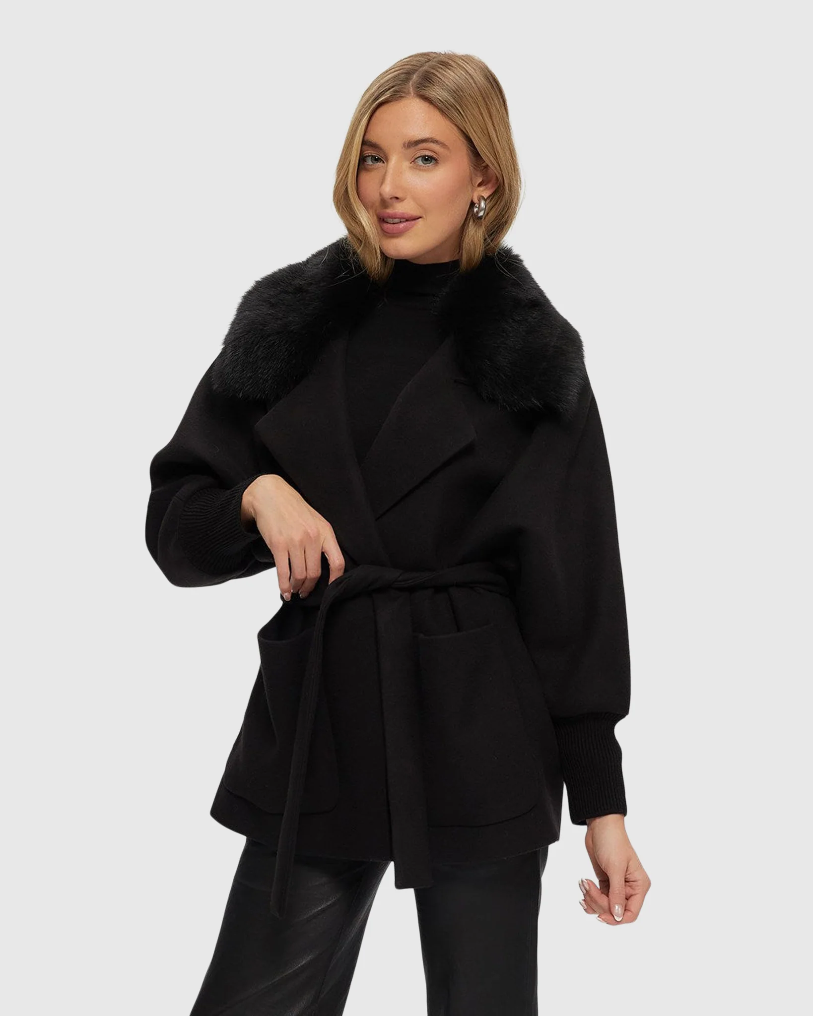 Fabric Jacket With Detachable Select Shearling Lamb Collar And Belt - Image 2