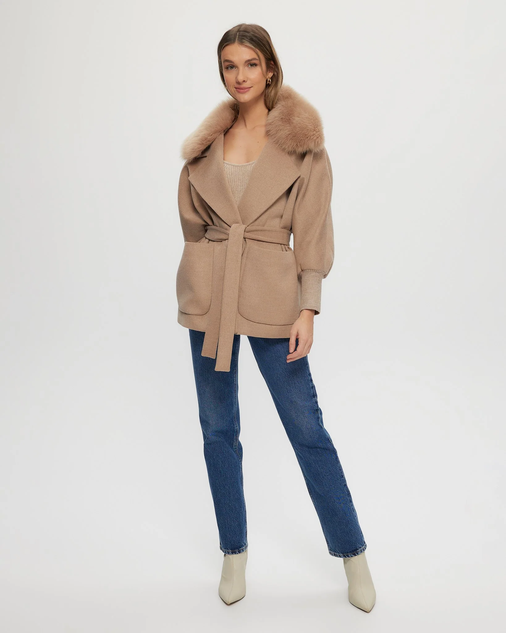 Fabric Jacket With Detachable Select Shearling Lamb Collar And Belt - Image 5