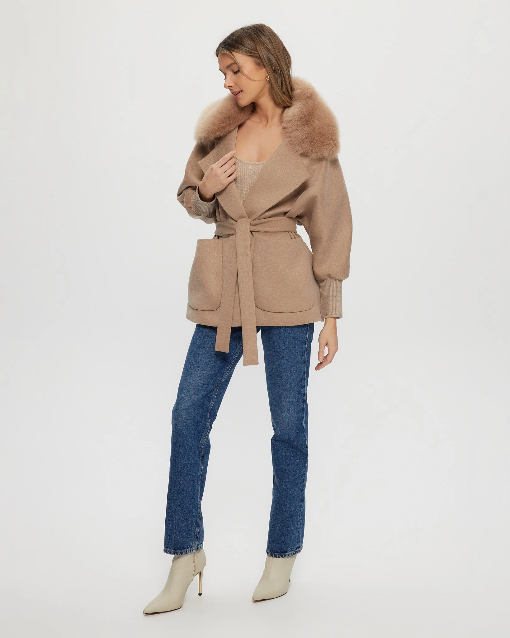 Fabric Jacket With Detachable Select Shearling Lamb Collar And Belt - Image 6