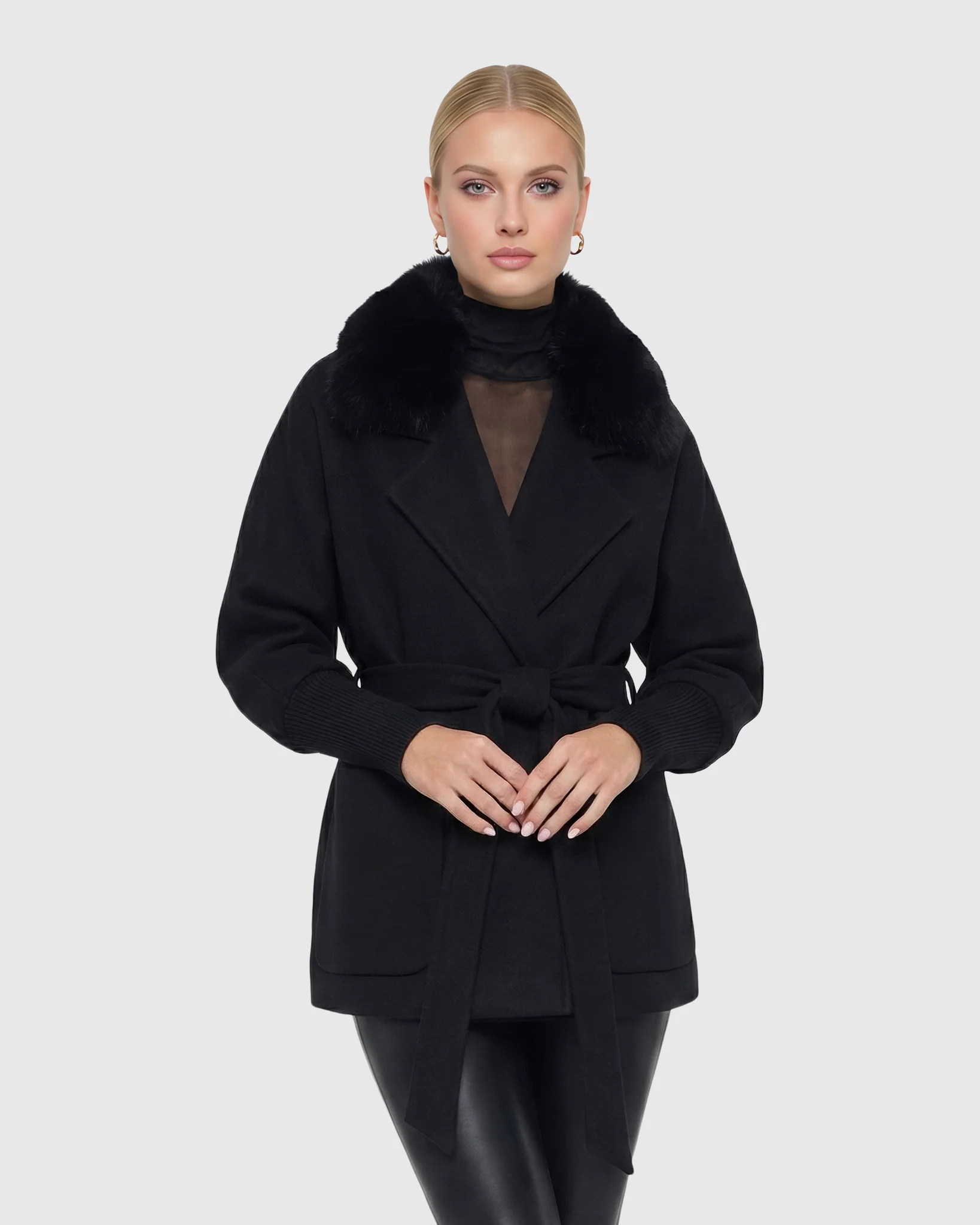 FABRIC JACKET WITH DETACHABLE SHEARLING LAMB COLLAR, BELT