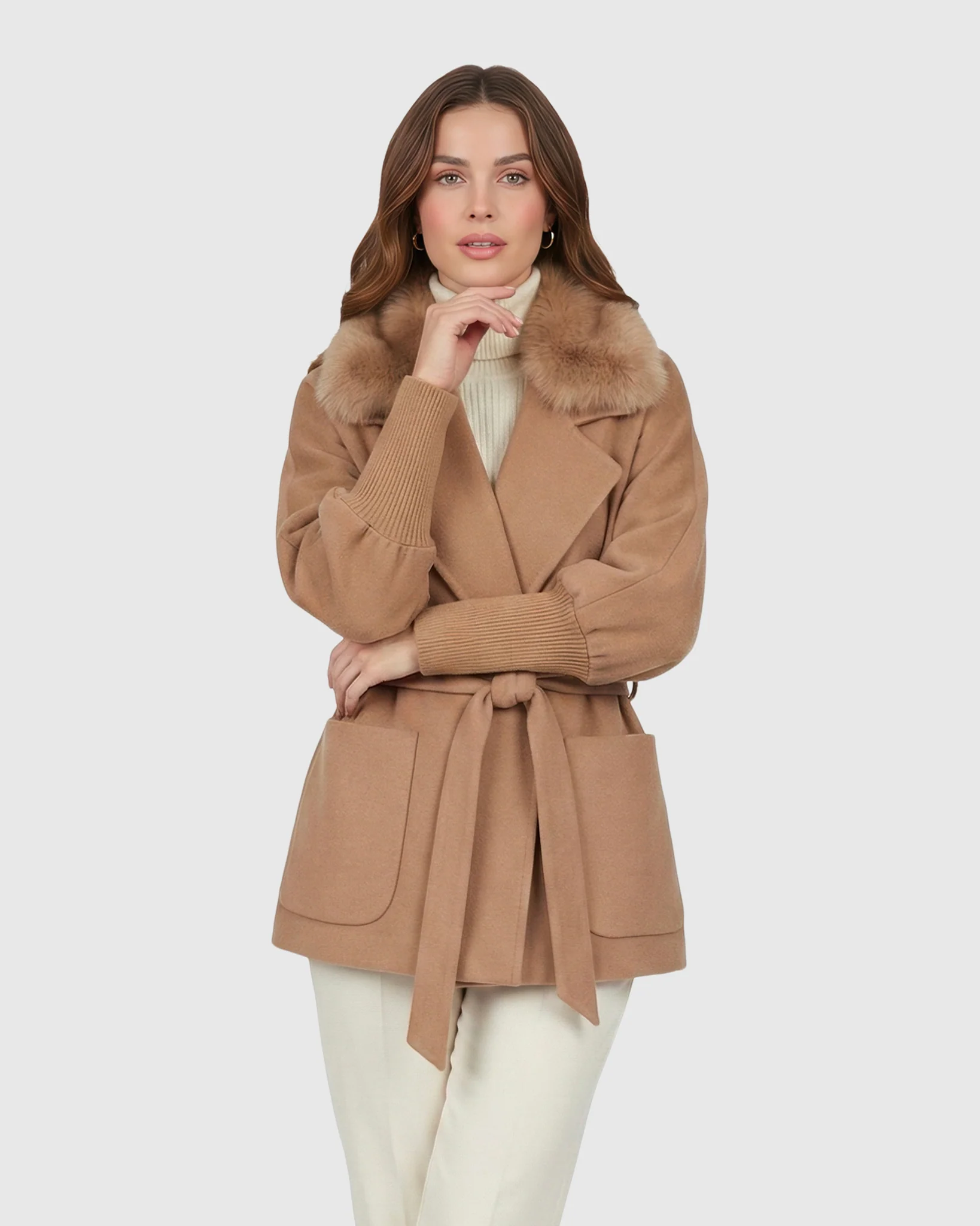FABRIC JACKET WITH DETACHABLE SHEARLING LAMB COLLAR, BELT - Image 10