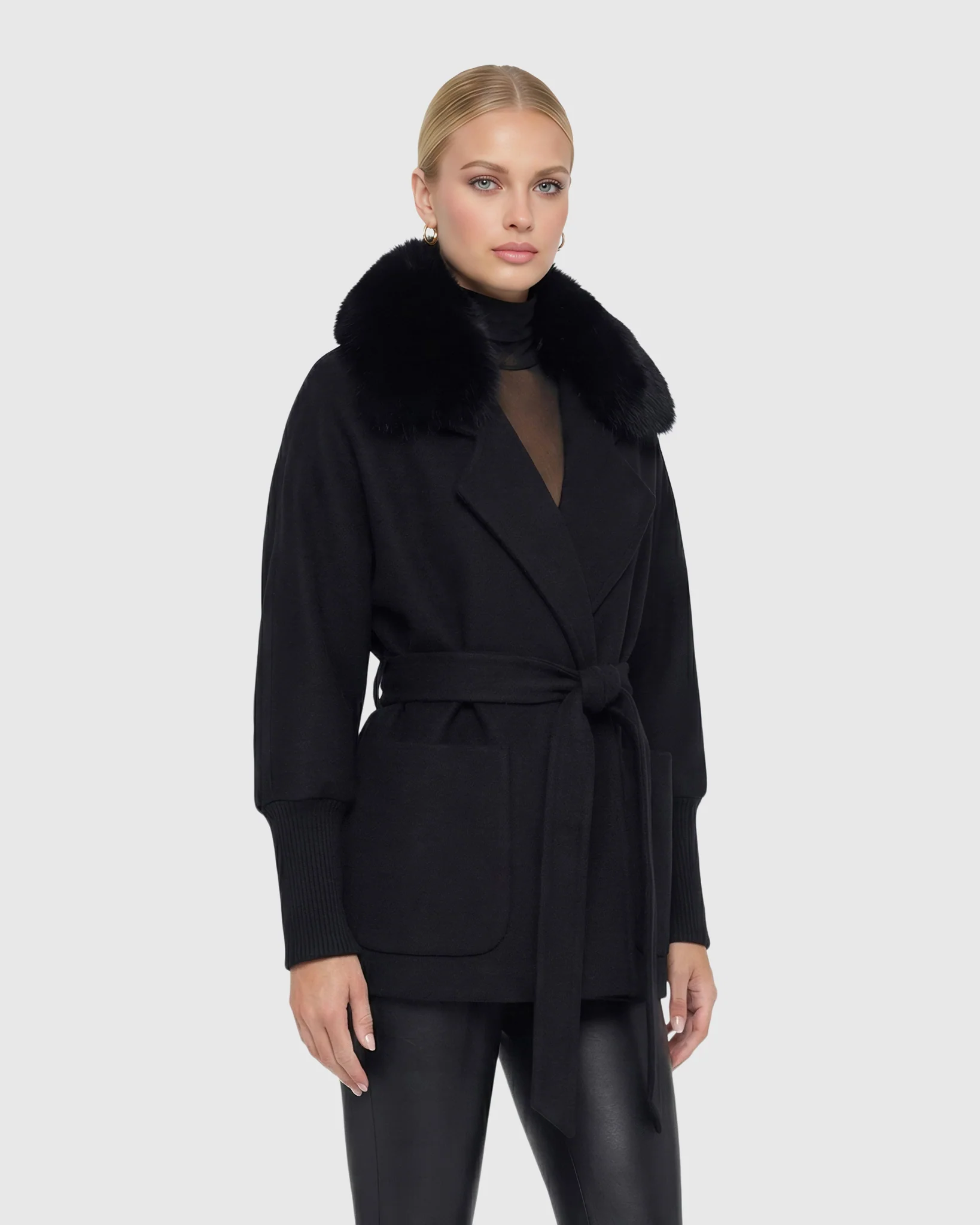 FABRIC JACKET WITH DETACHABLE SHEARLING LAMB COLLAR, BELT - Image 3
