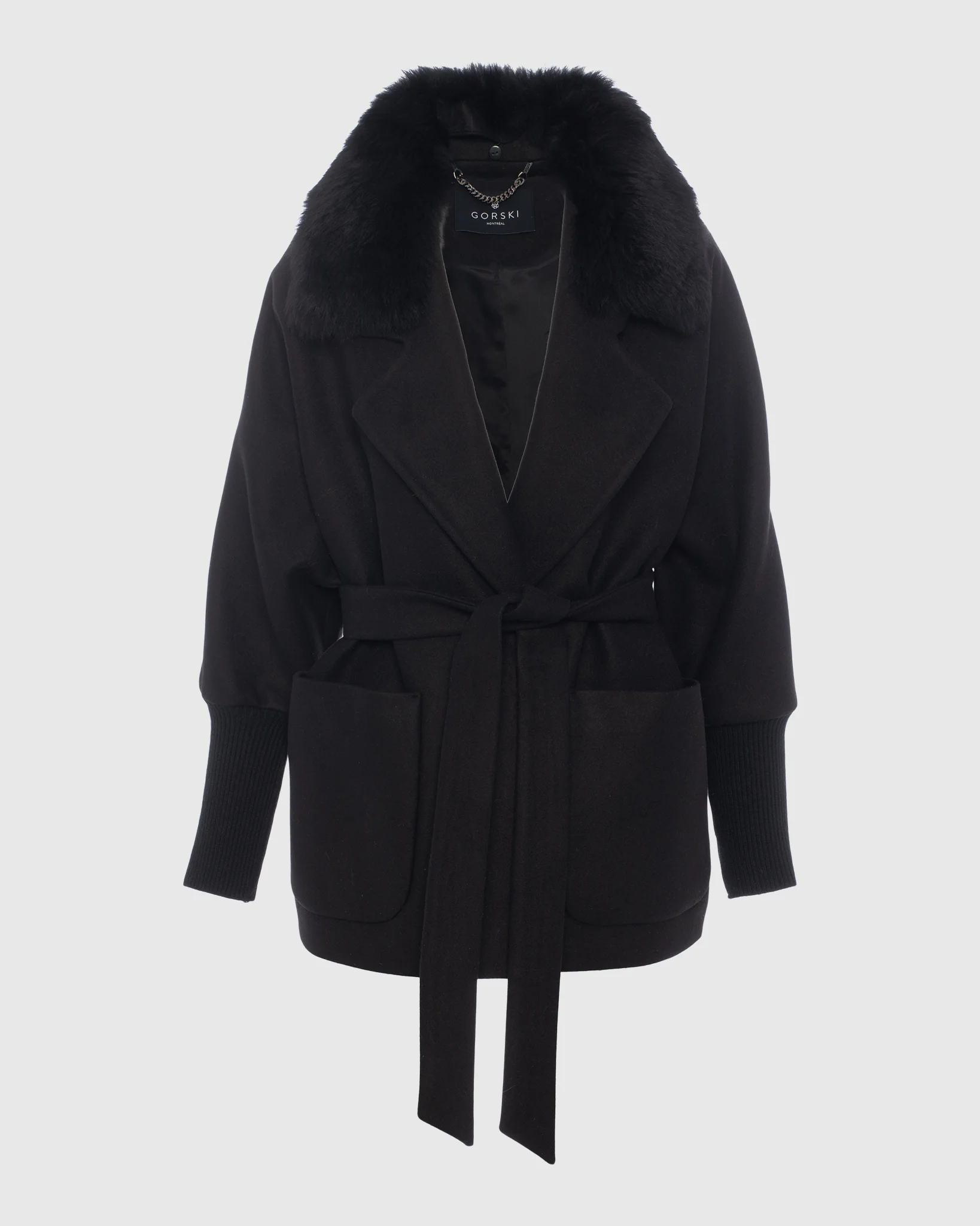 FABRIC JACKET WITH DETACHABLE SHEARLING LAMB COLLAR, BELT - Image 6