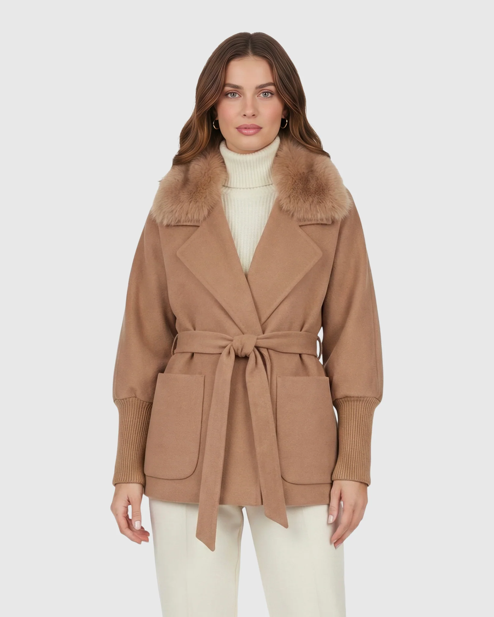 FABRIC JACKET WITH DETACHABLE SHEARLING LAMB COLLAR, BELT - Image 8
