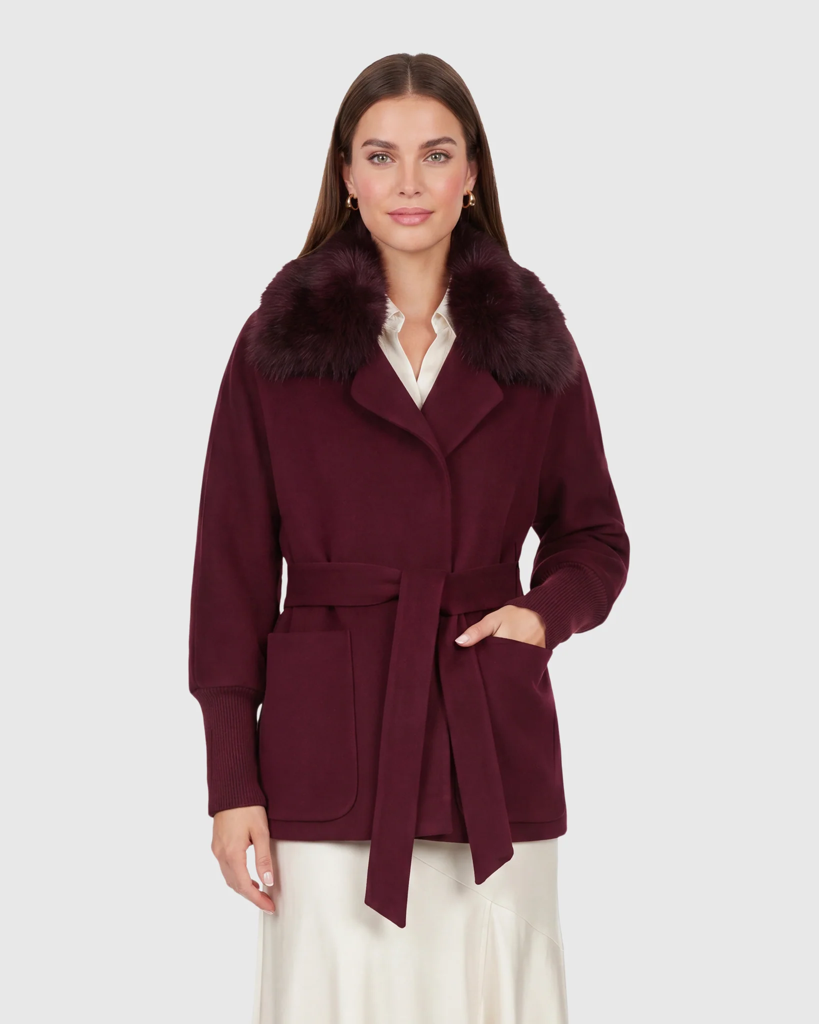 FABRIC JACKET WITH DETACHABLE SHEARLING LAMB COLLAR, BELT - Image 4