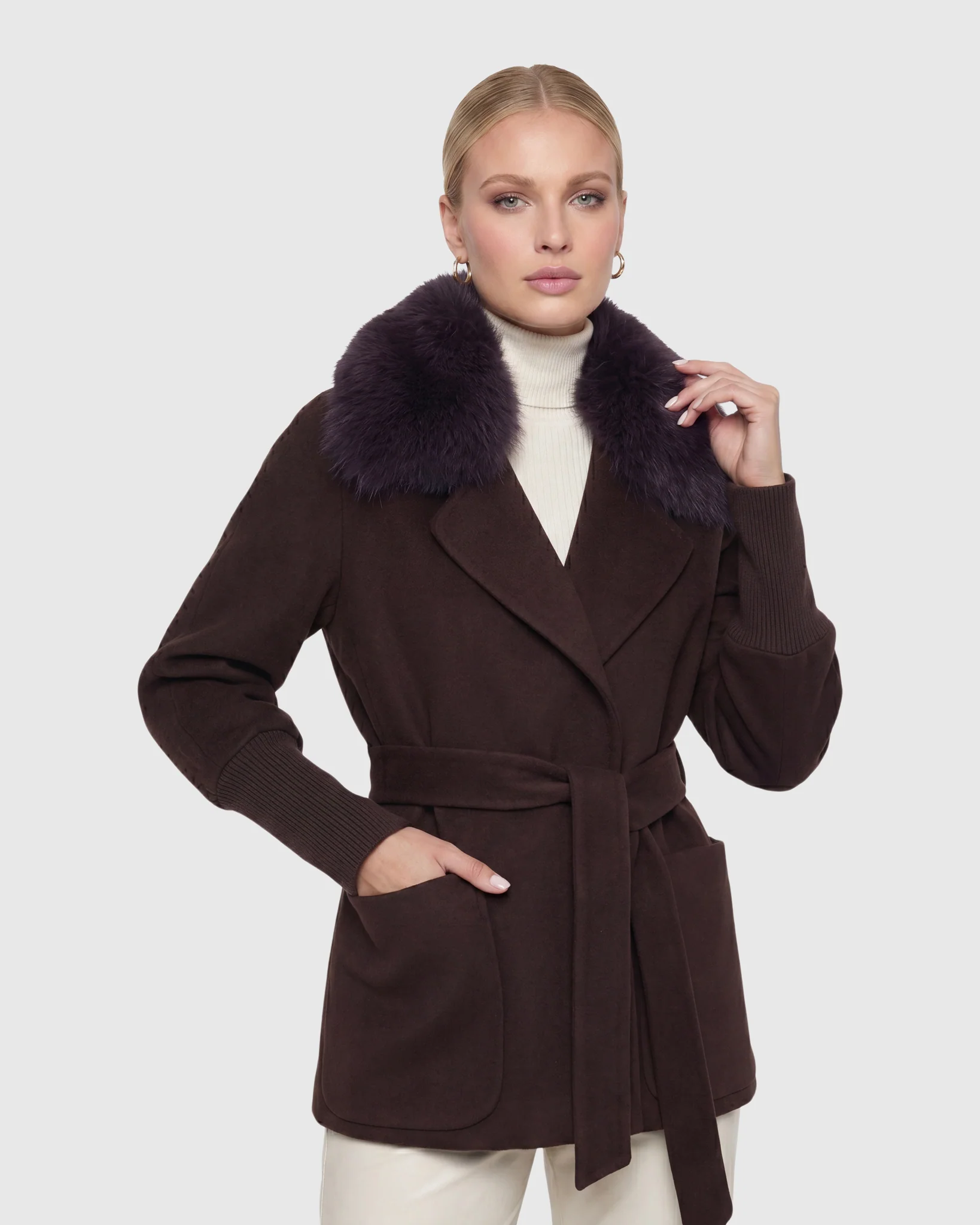 FABRIC JACKET WITH DETACHABLE SHEARLING LAMB COLLAR, BELT - Image 5