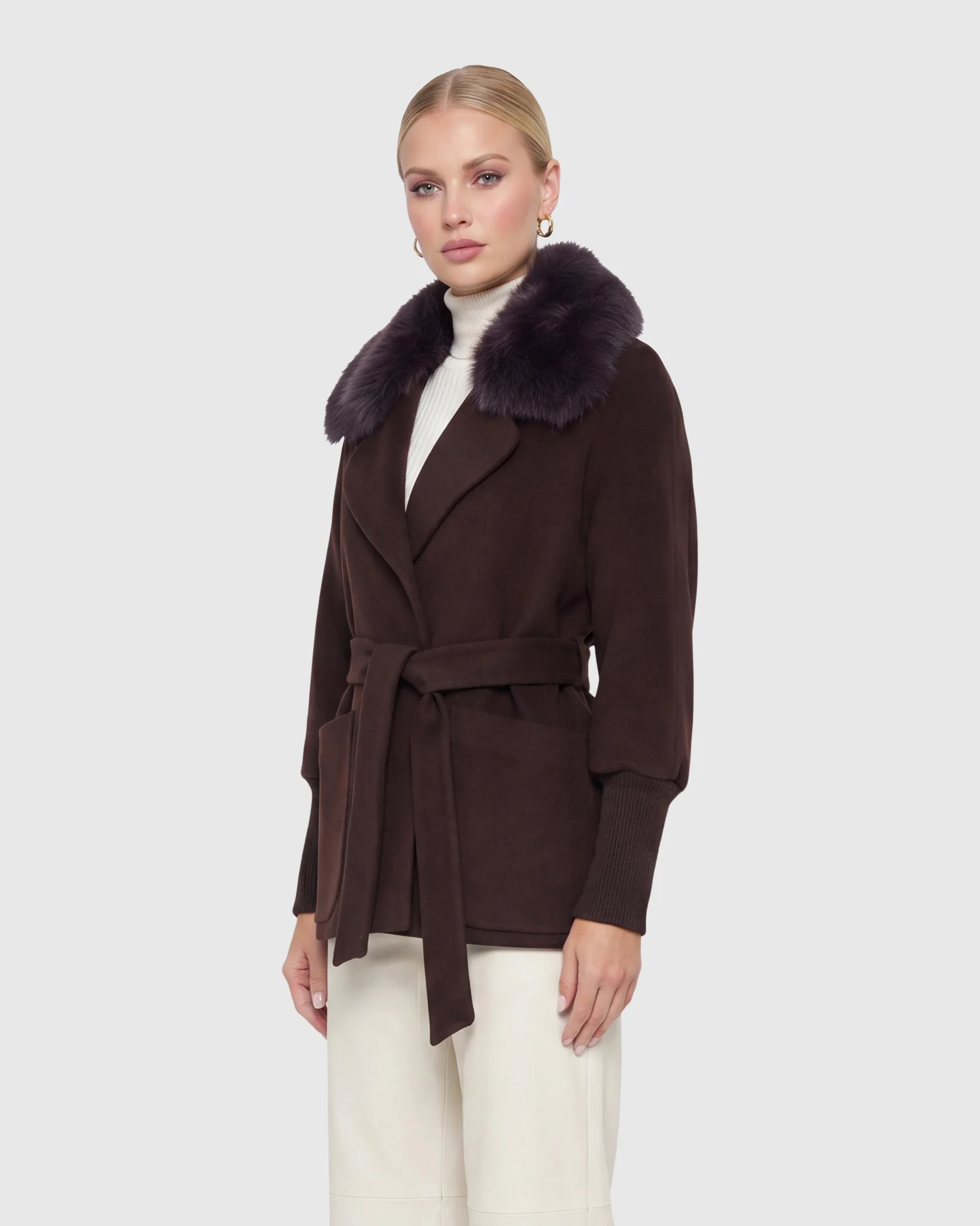 FABRIC JACKET WITH DETACHABLE SHEARLING LAMB COLLAR, BELT - Image 7