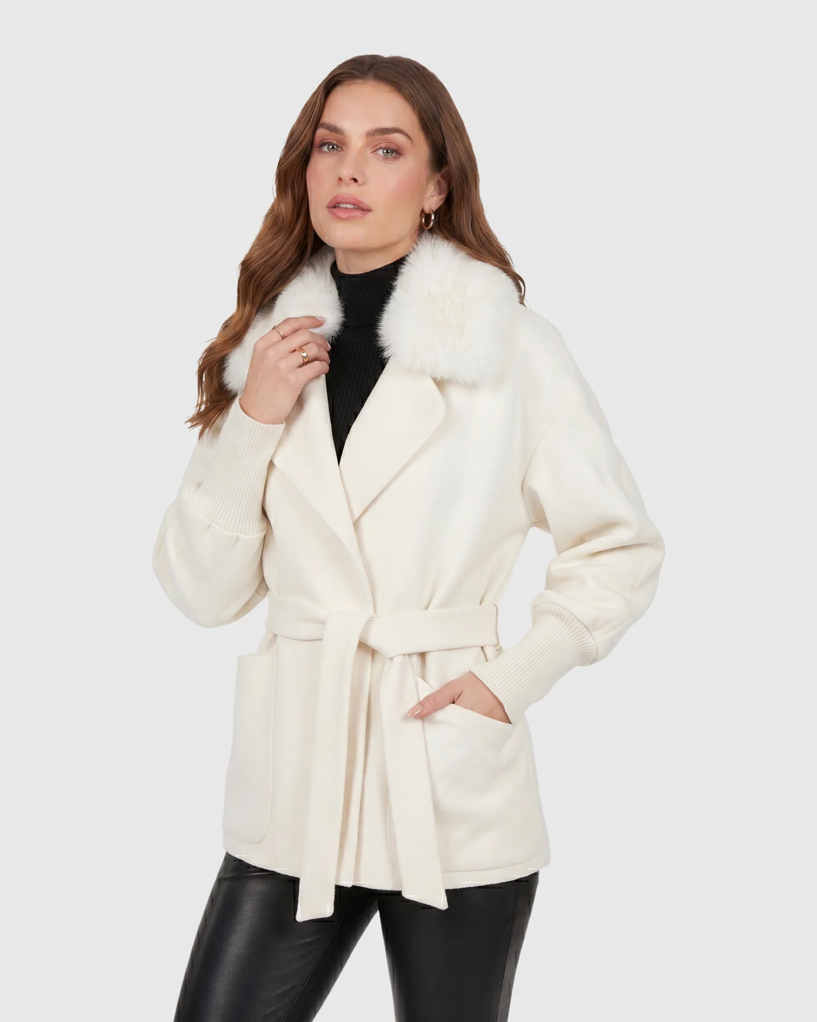 FABRIC JACKET WITH DETACHABLE SHEARLING LAMB COLLAR, BELT - Image 9