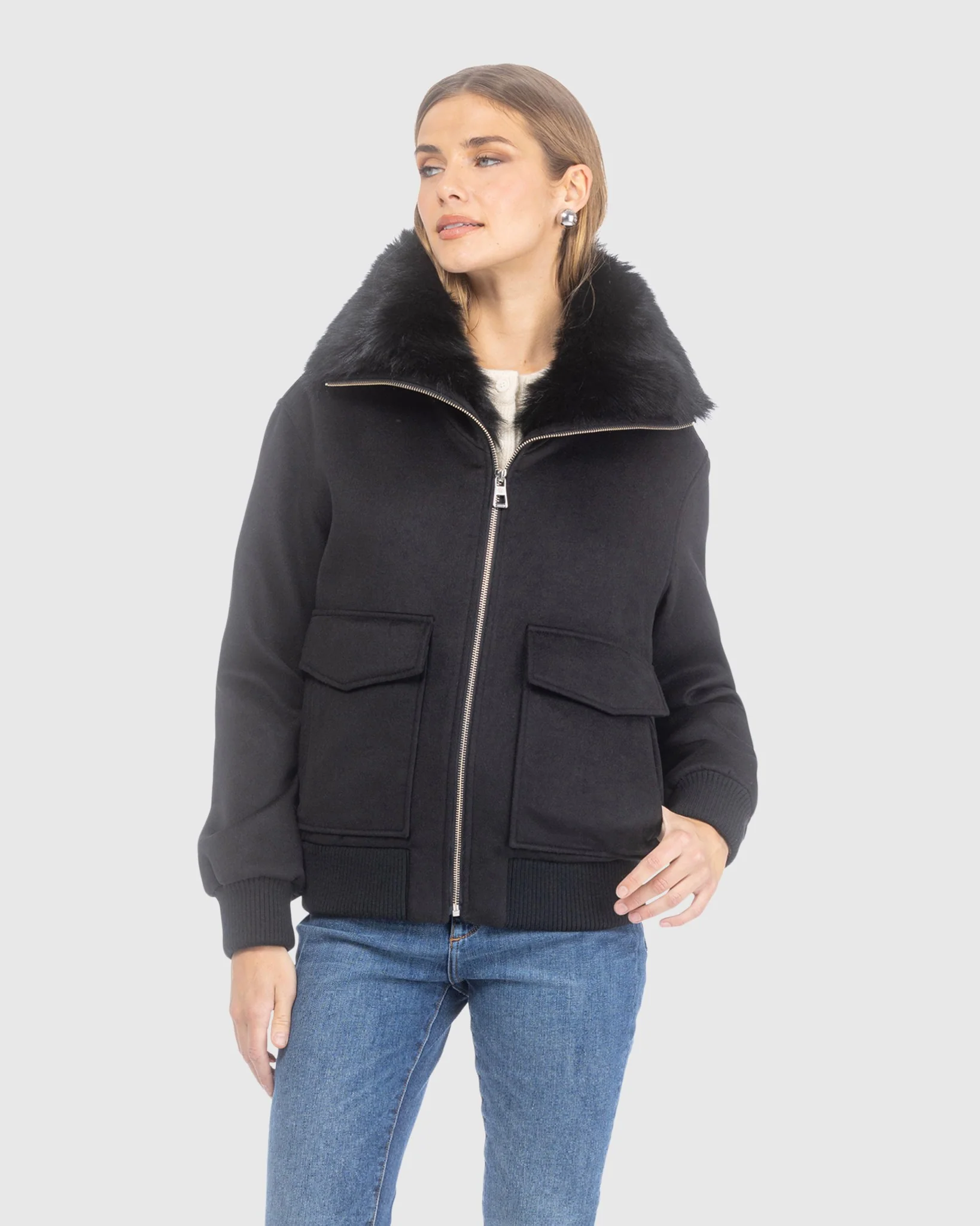 FABRIC JACKET WITH SELECT SHEARLING LAMB COLLAR - Image 2