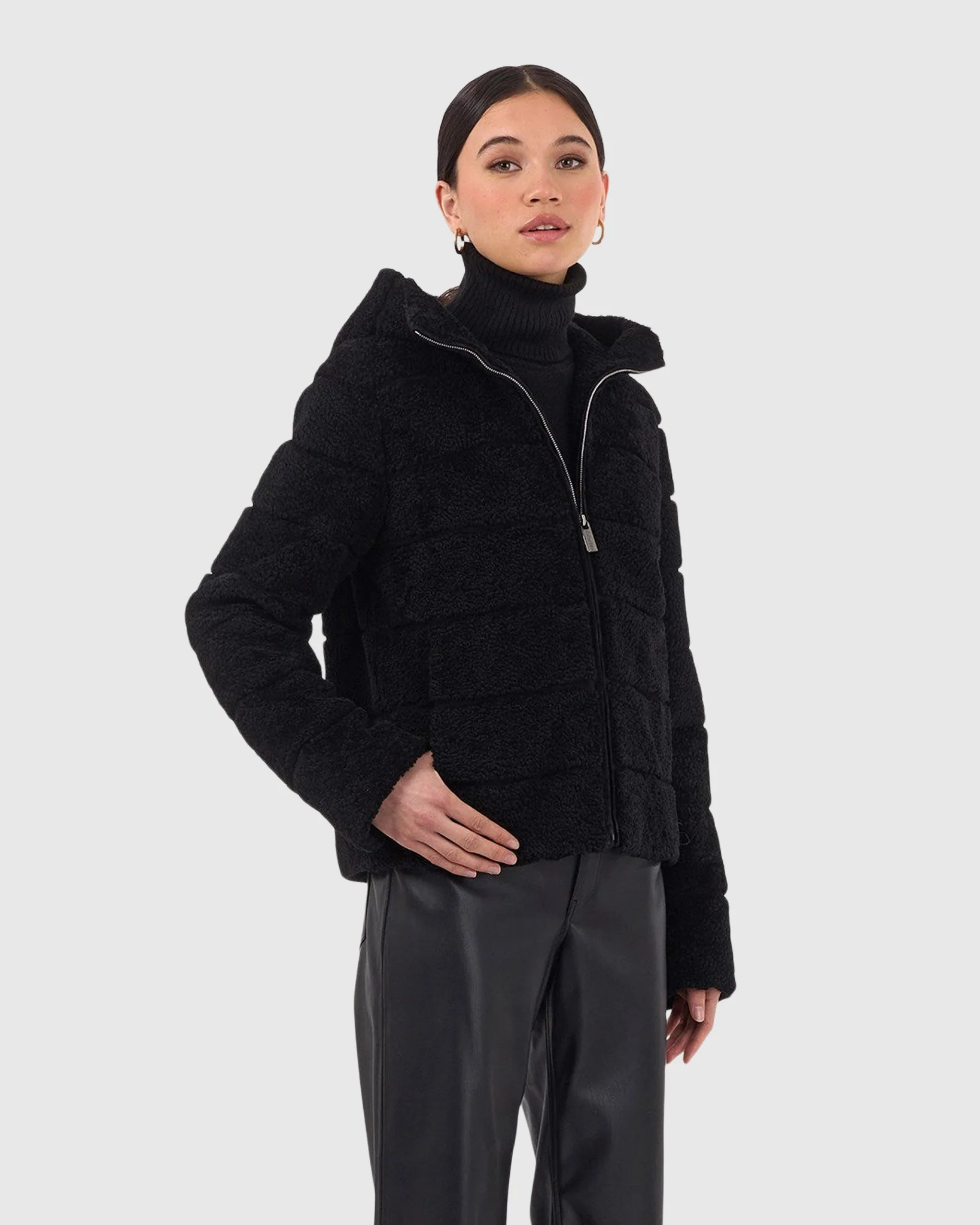 HORIZONTAL CURLY SHEARLING LAMB ZIP JACKET WITH HOOD - Image 4