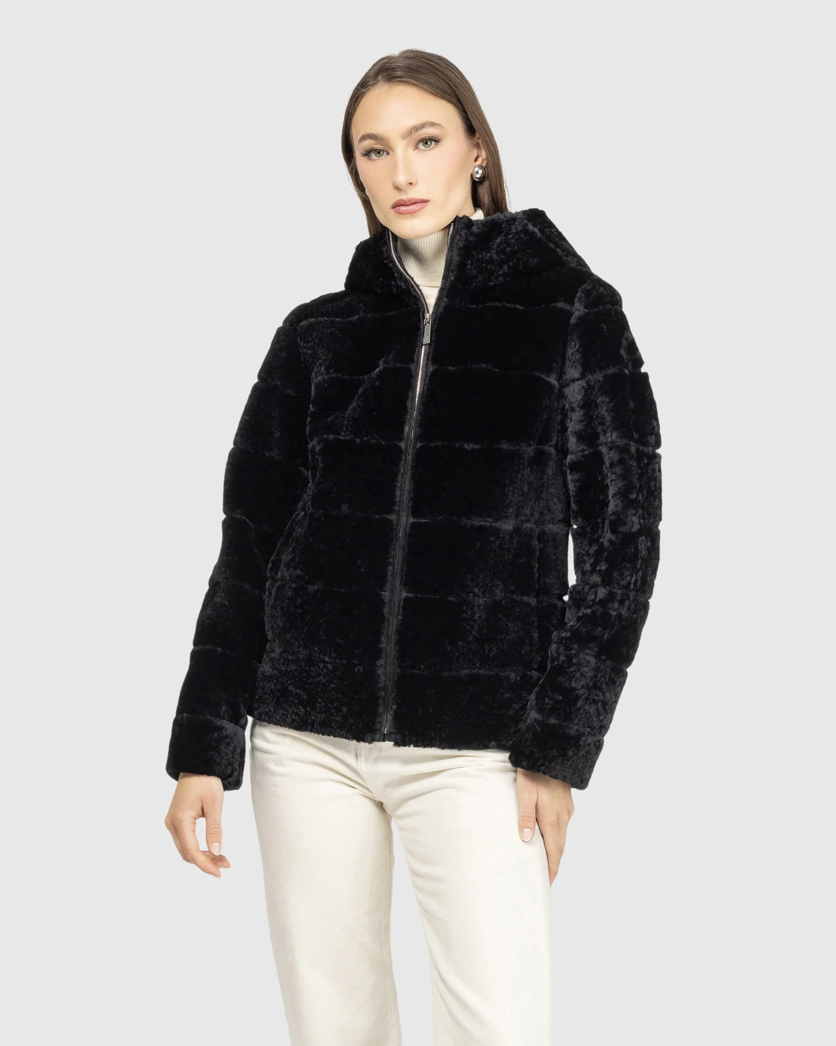 Horizontal Curly Shearling Lamb Zip Jacket With Hood