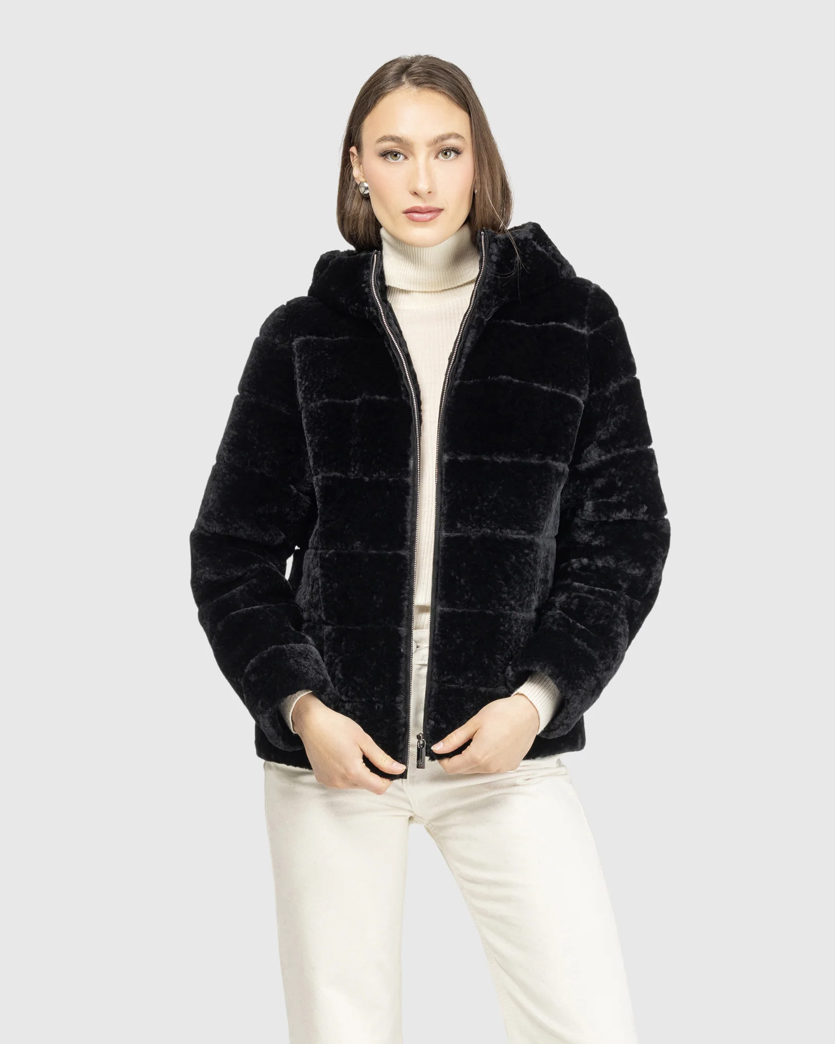 Horizontal Curly Shearling Lamb Zip Jacket With Hood - Image 2