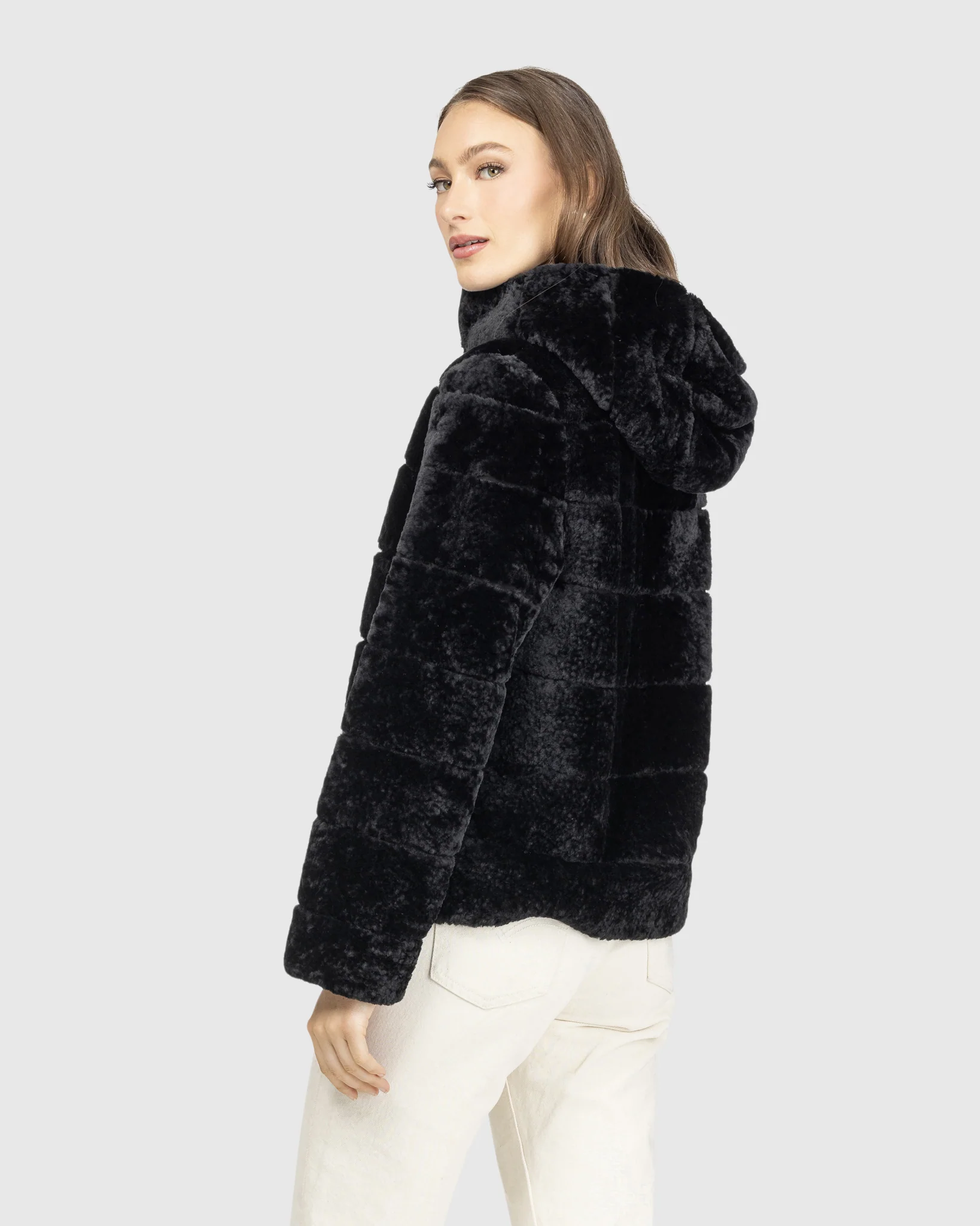 Horizontal Curly Shearling Lamb Zip Jacket With Hood - Image 3