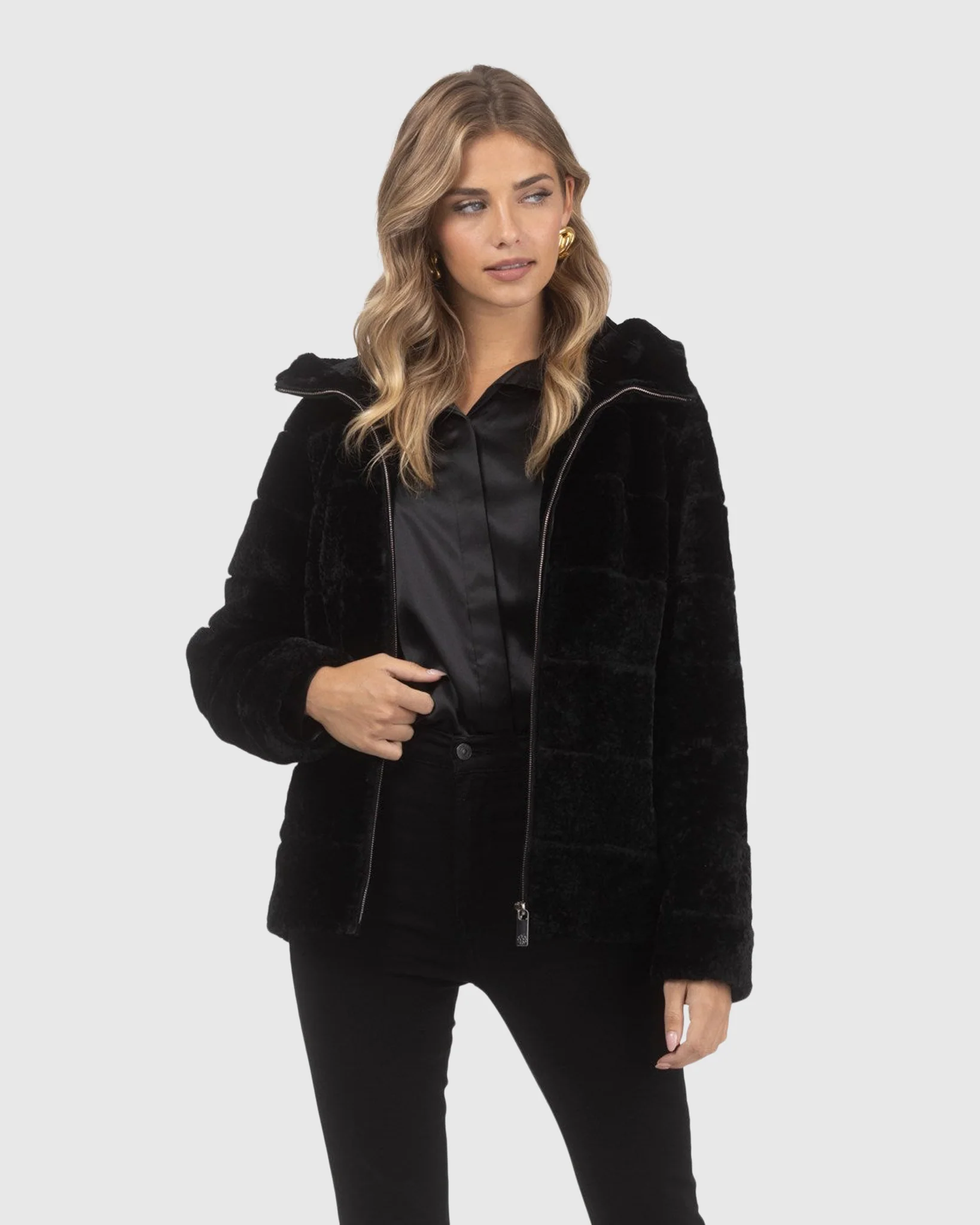 Horizontal Curly Shearling Lamb Zip Jacket With Hood