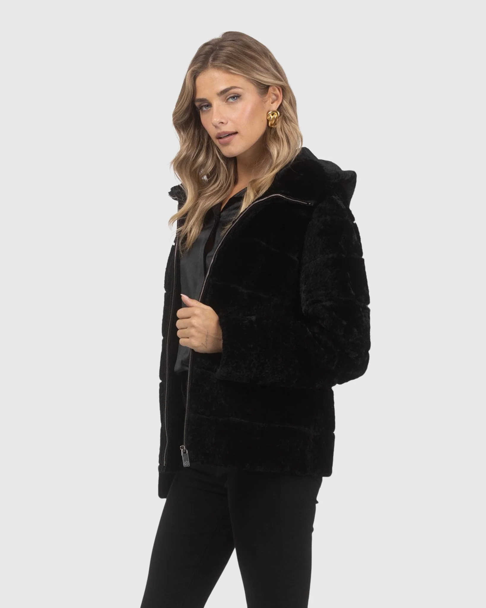 Horizontal Curly Shearling Lamb Zip Jacket With Hood - Image 2