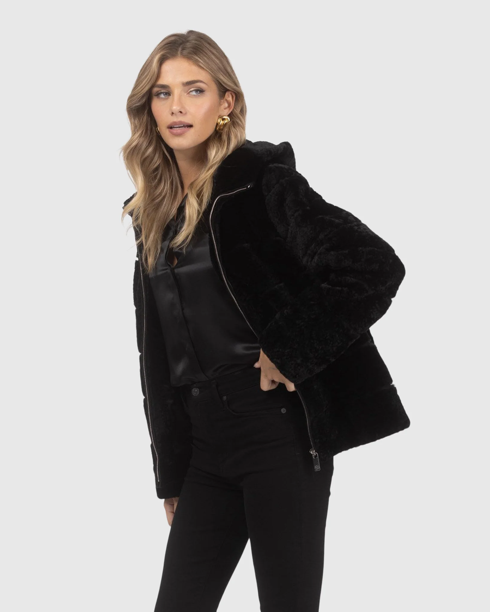 Horizontal Curly Shearling Lamb Zip Jacket With Hood - Image 3