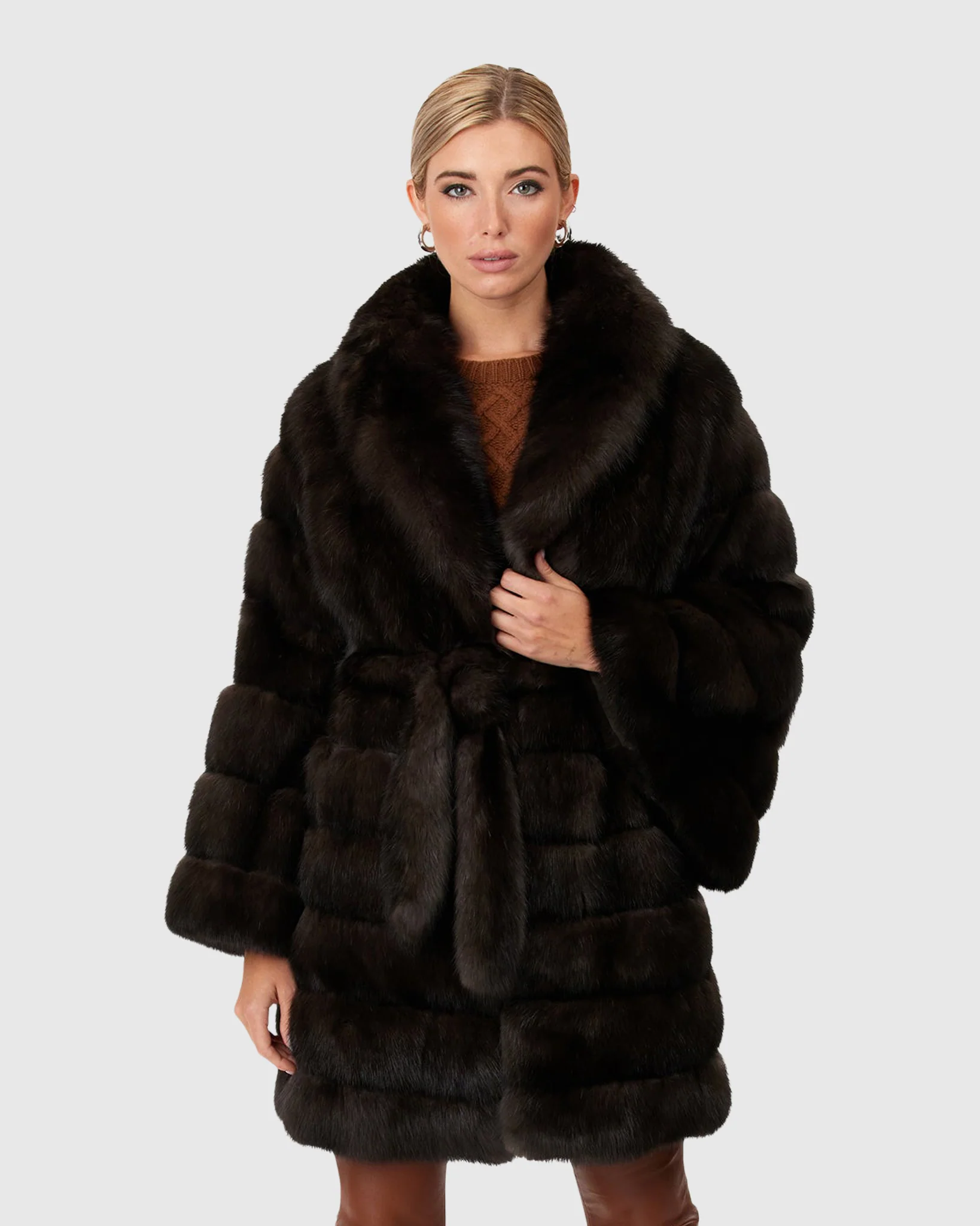 HORIZONTAL RUSSIAN SABLE JACKET WITH SHAWL COLLAR AND BELT