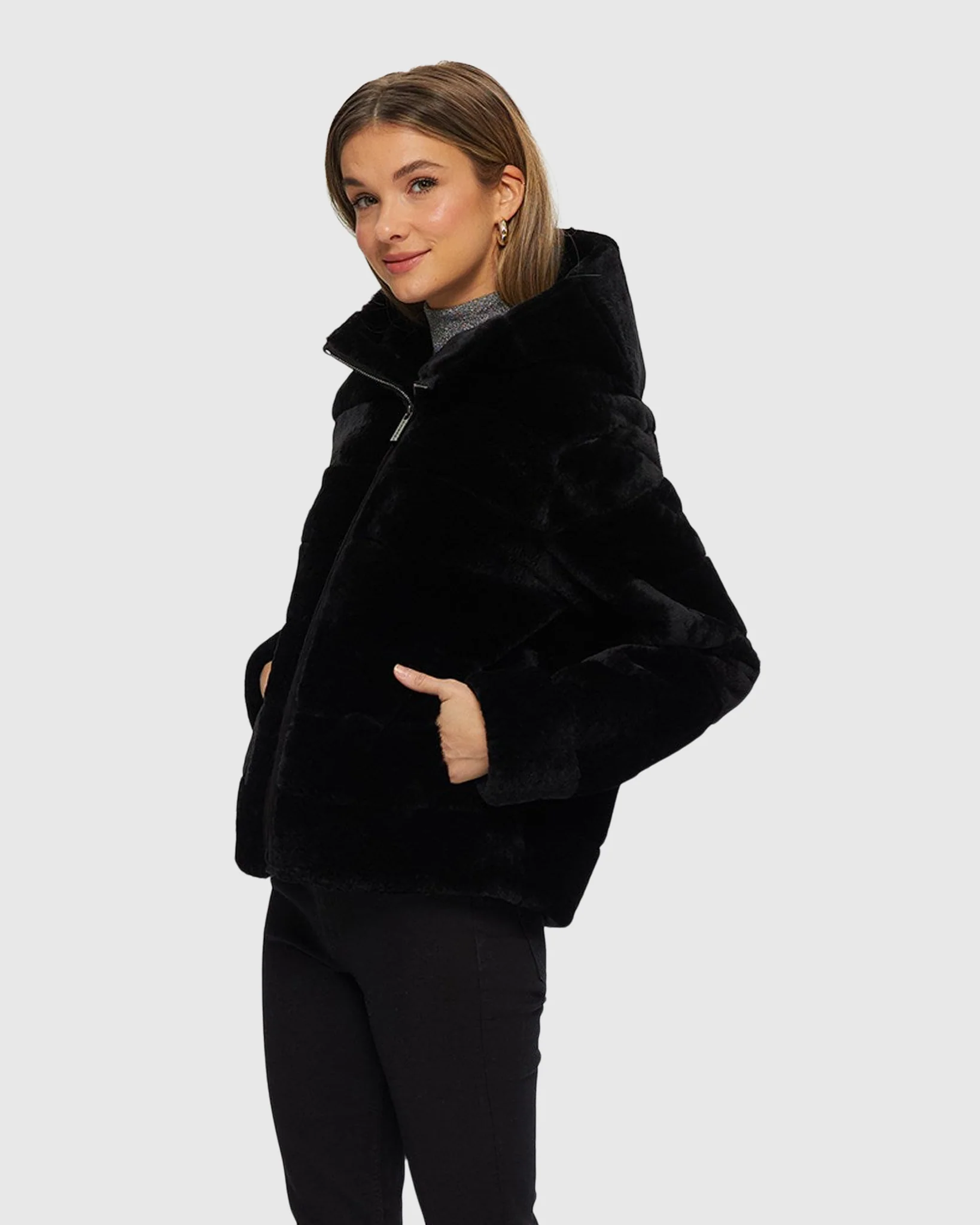 HORIZONTAL SHEARLING LAMB ZIP JACKET WITH HOOD - Image 4