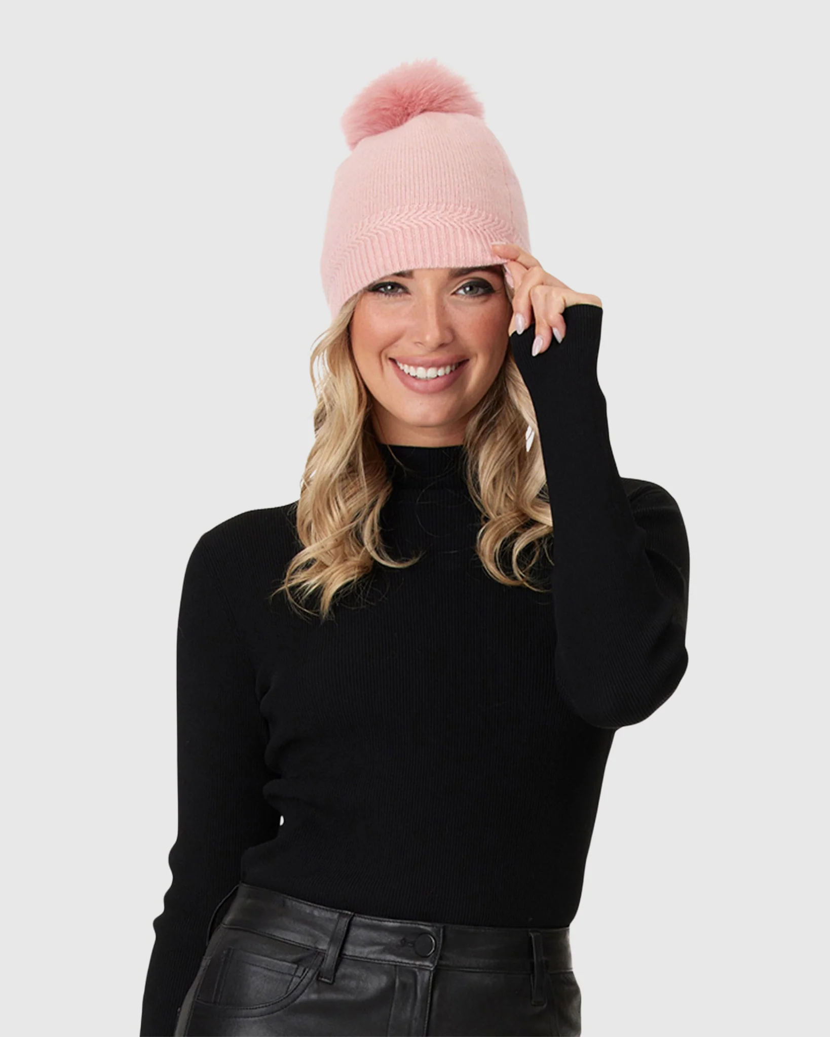 KNIT CASHMERE HAT WITH FOX POMPOM