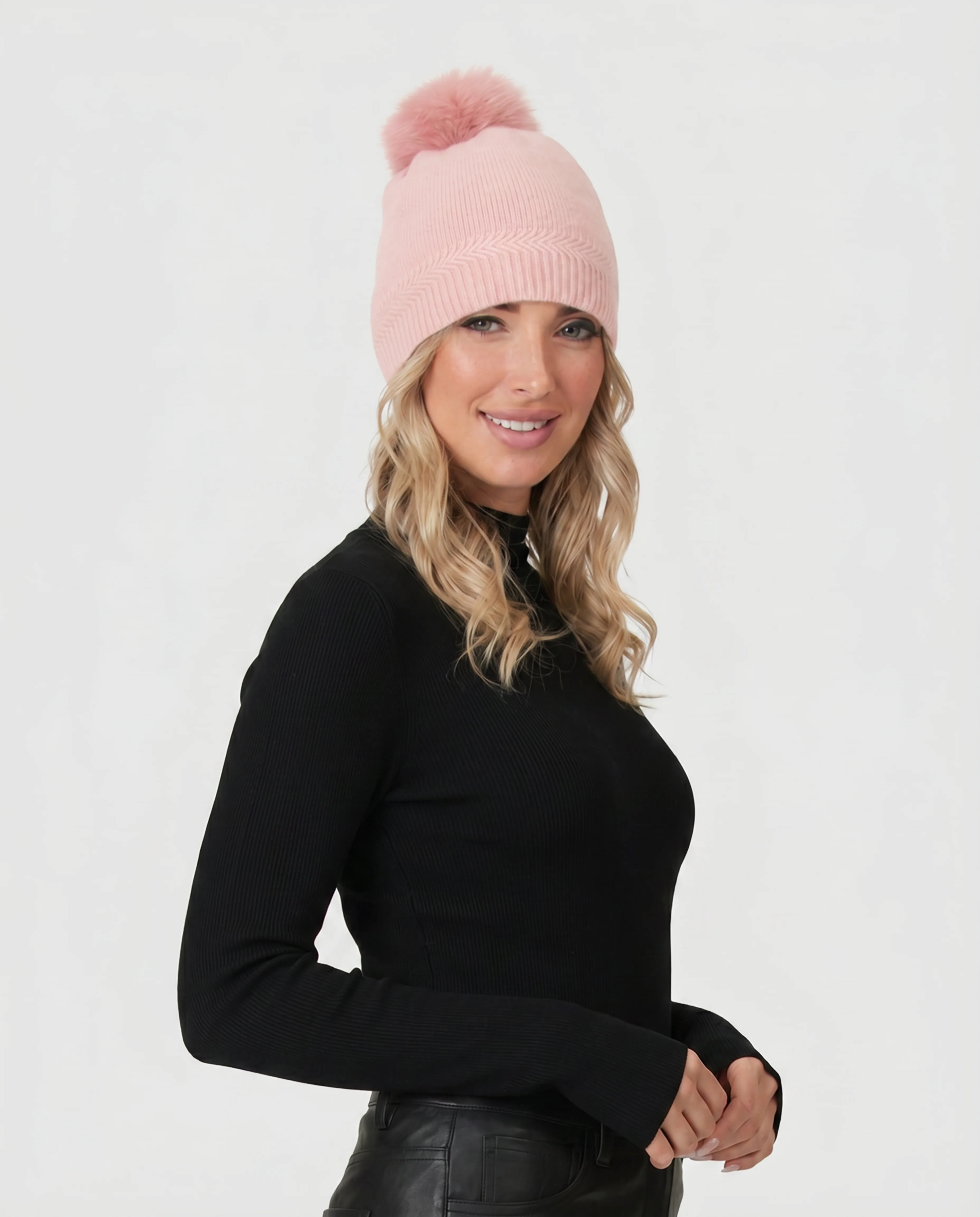 KNIT CASHMERE HAT WITH FOX POMPOM - Image 3