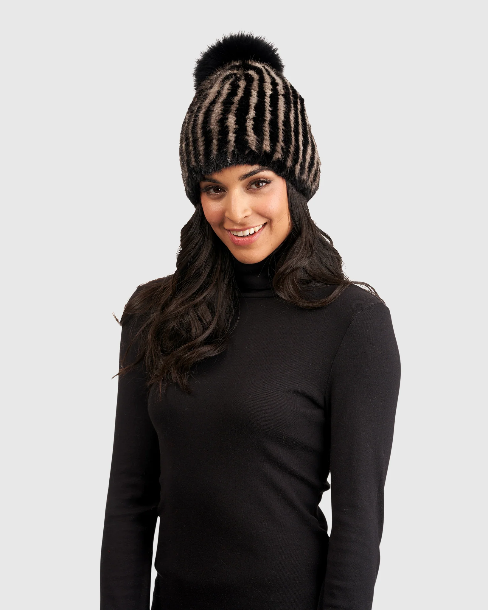 KNIT MINK HAT WITH FOX POMPOM