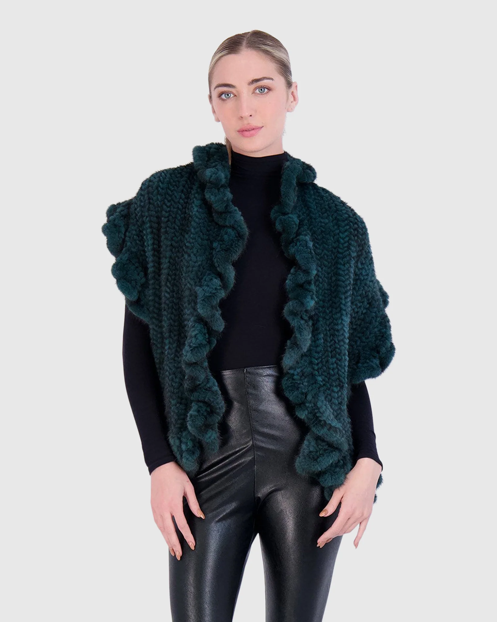 MINK KNIT STOLE WITH RUFFLE TRIM