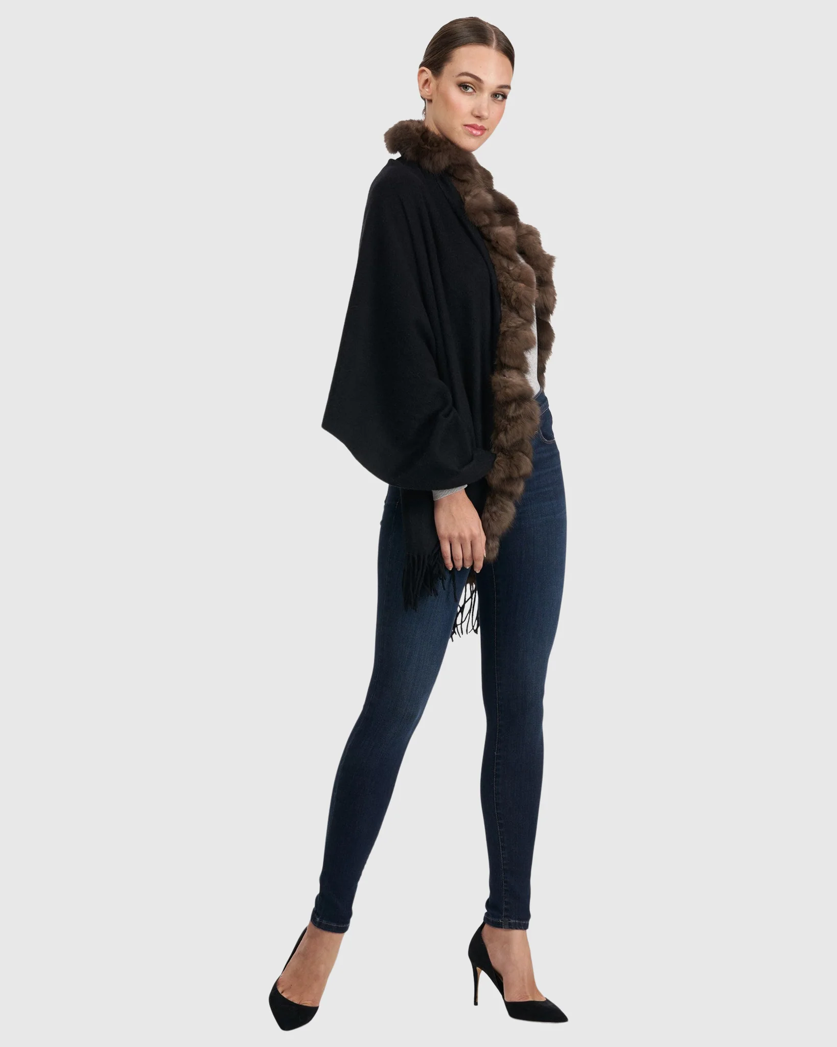 CASHMERE STOLE WITH SABLE (S-CUT) KNIT RUFFLE ON ONE SIDE, CASHMERE FRINGES - Image 2