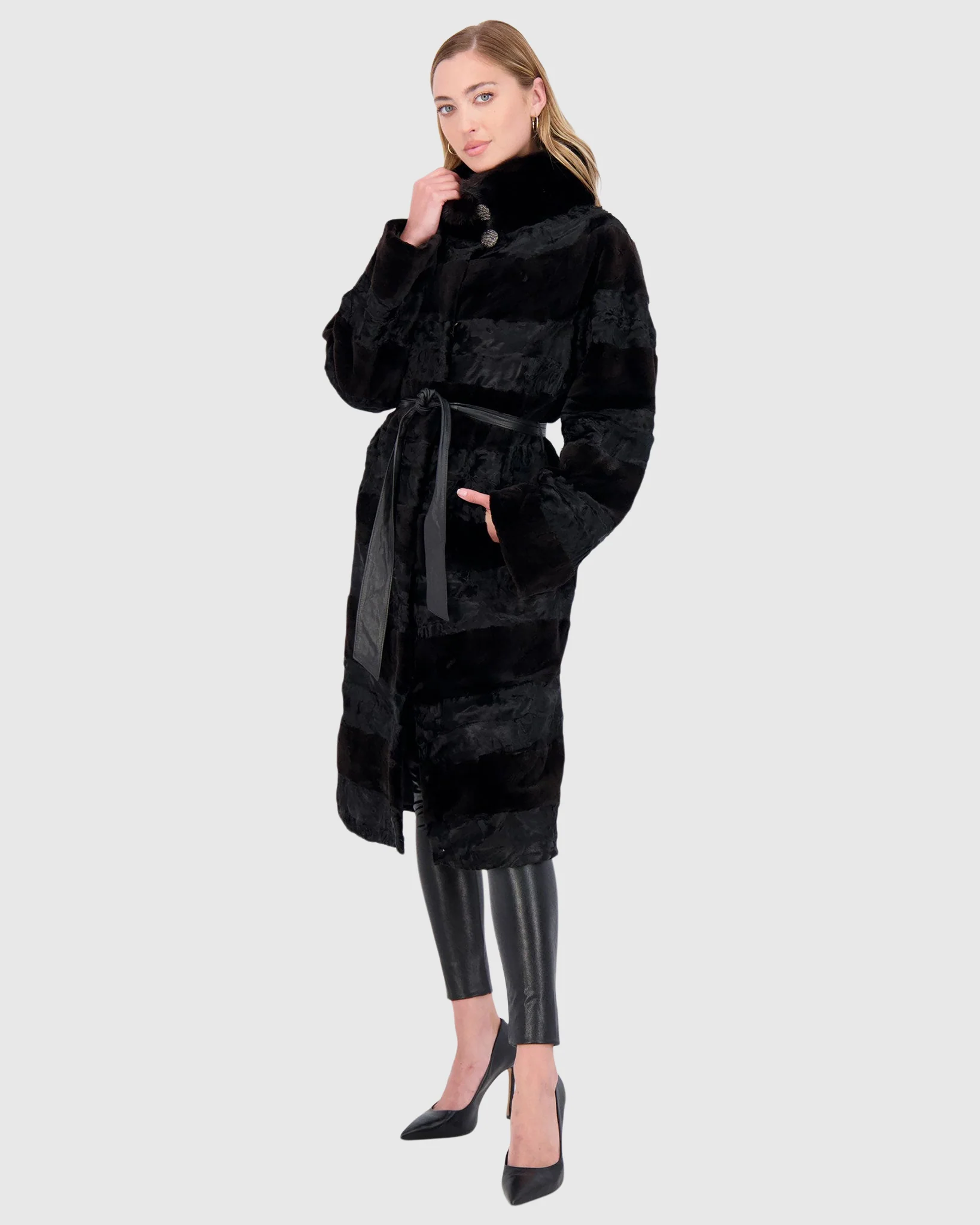 LAMB AND MINK SECTIONS SHORT COAT, LEATHER BELT - Image 3