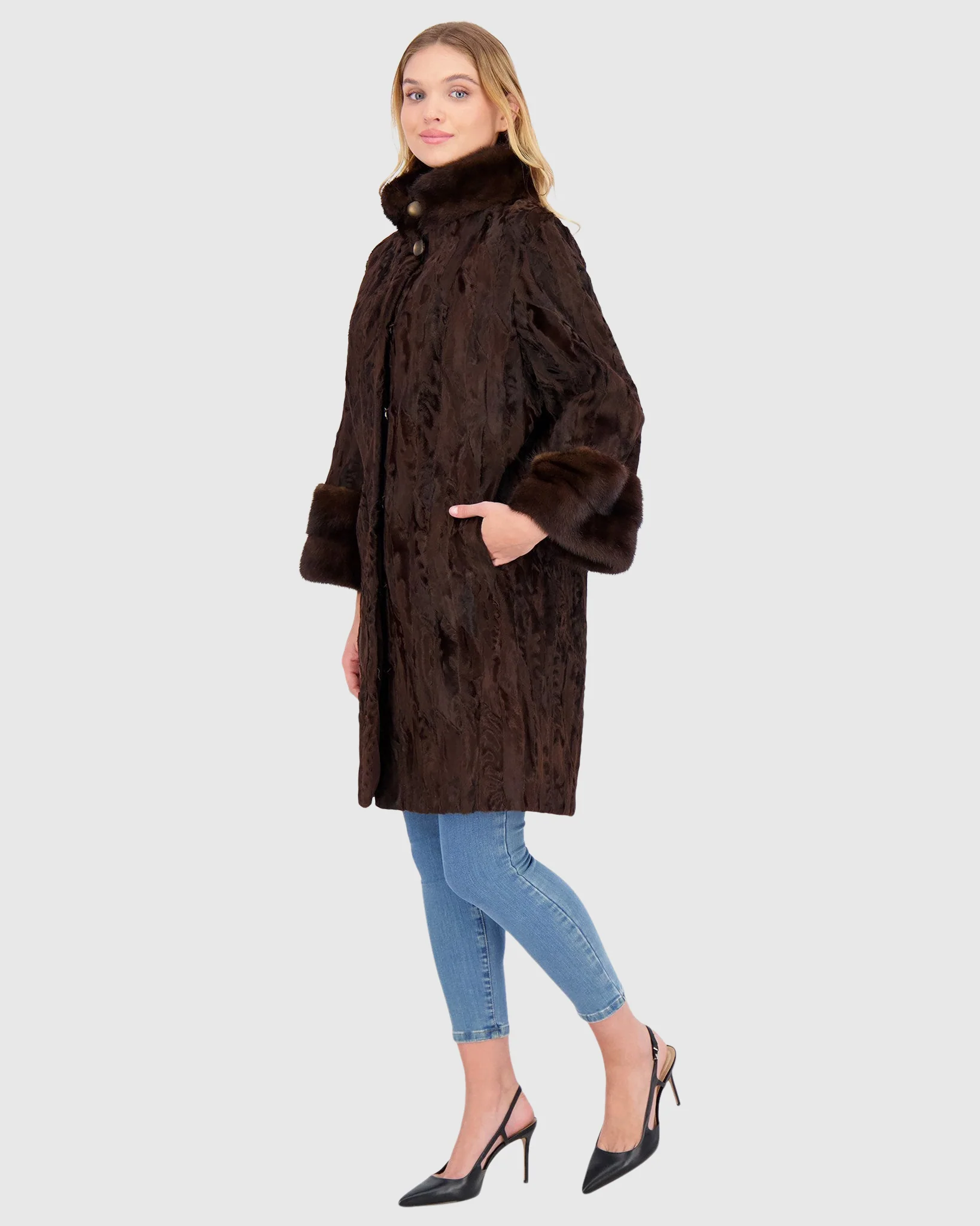 LAMB SECTIONS SHORT COAT WITH MINK STAND COLLAR AND MINK CUFFS - Image 3