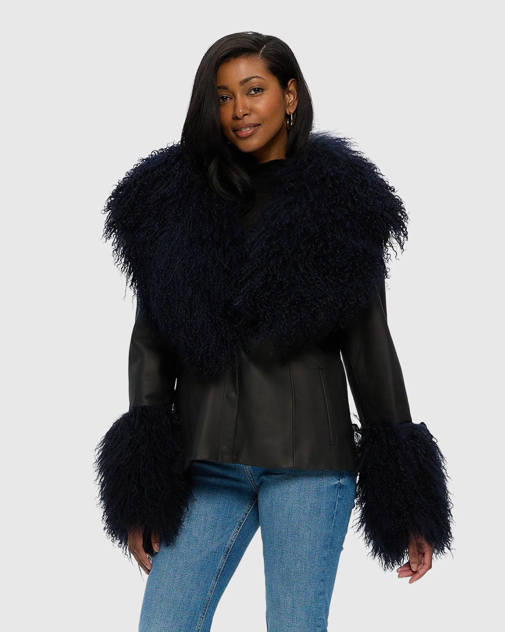 Leather Jacket With Mongolian Goat Shawl Collar & Cuffs