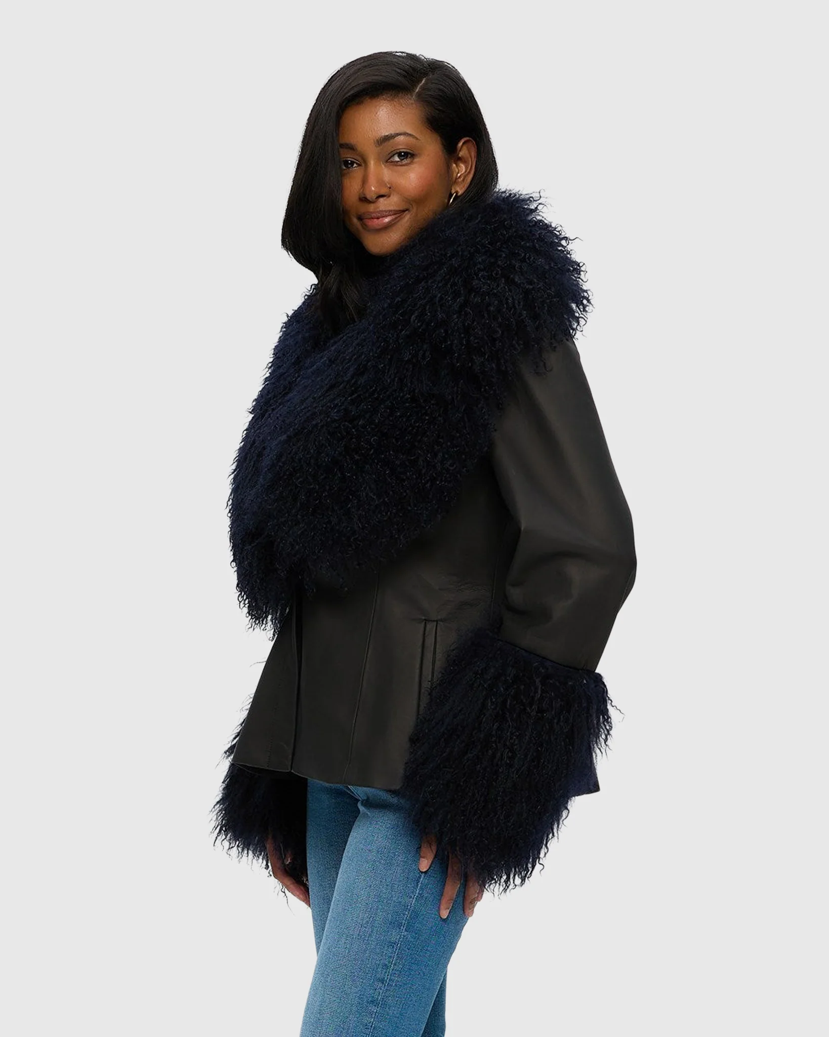 Leather Jacket With Mongolian Goat Shawl Collar & Cuffs - Image 2