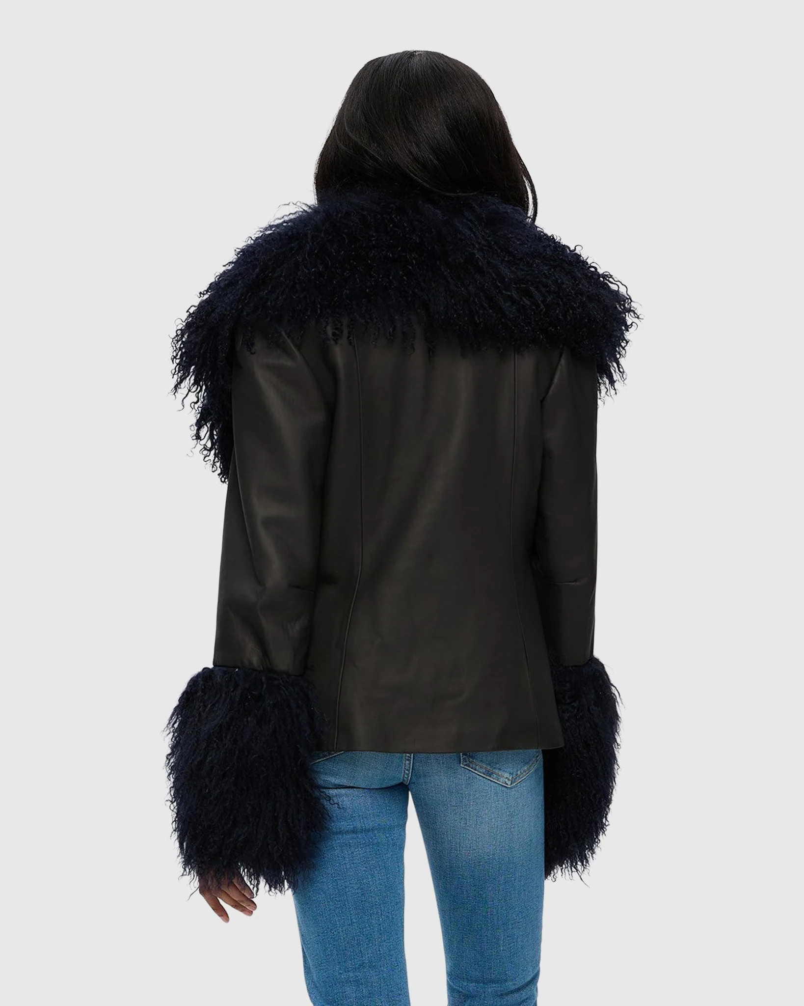 Leather Jacket With Mongolian Goat Shawl Collar & Cuffs - Image 3